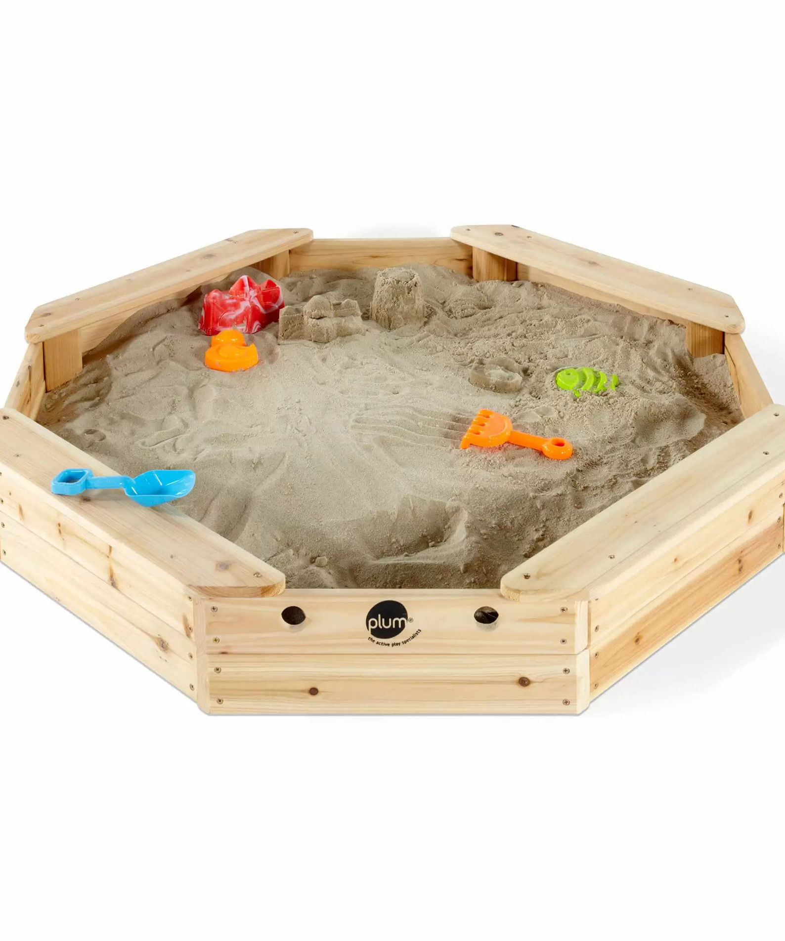 Plum Treasure Beach Wooden Sandpit with Cover, Outdoor Playground Sandbox Toy with Built-in Bench, Encourages Imaginative & Active Play for Kids, Suitable for Boys and Girls Aged 3 years and Above