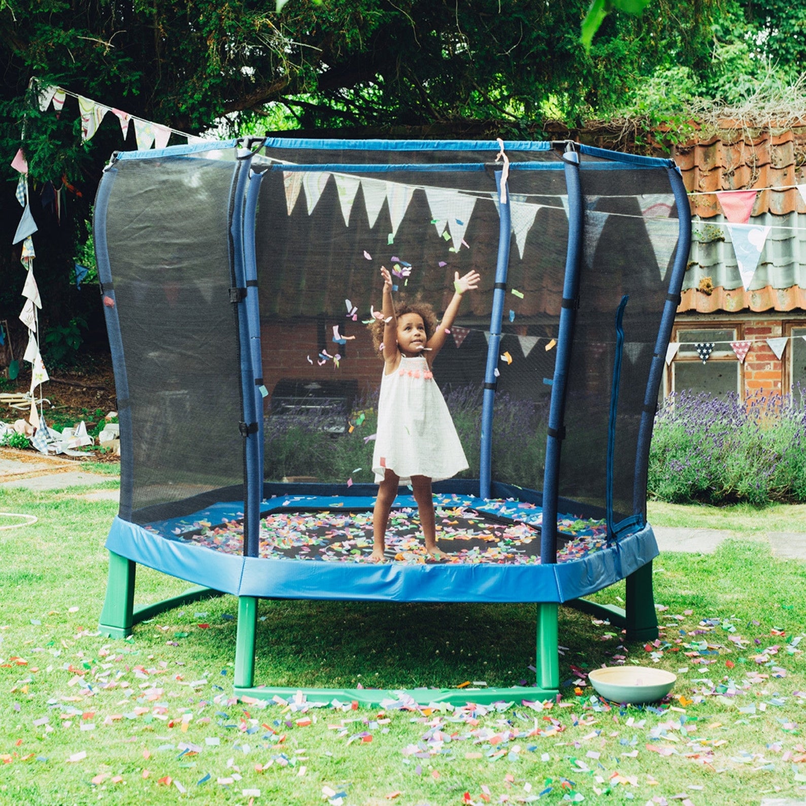 Plum 7ft Junior Jumper Trampoline with Enclosure, Safety Net and Foam Pad Protection, Stable Recreational Outdoor Toy with UV, Rust + Weather Protection, Suitable for Kids 3 Years and Above, Blue