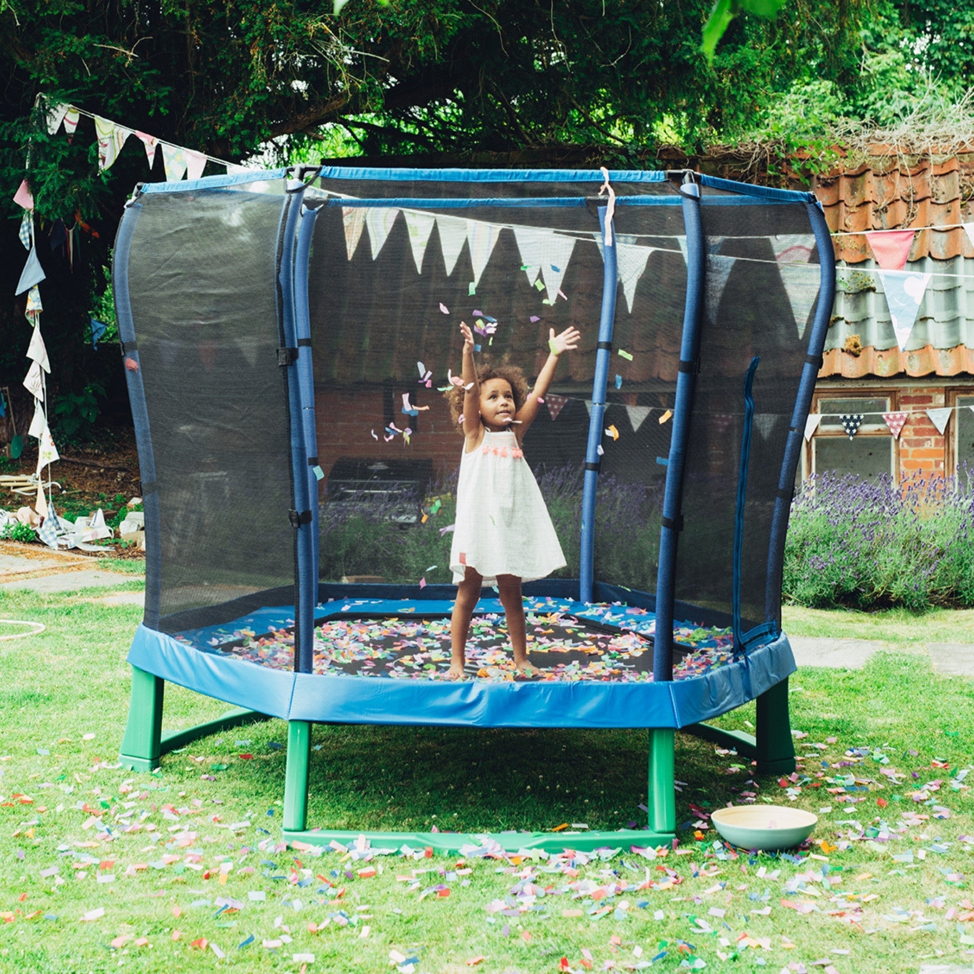 Plum 7ft Junior Jumper Trampoline with Enclosure, Safety Net and Foam Pad Protection, Stable Recreational Outdoor Toy with UV, Rust + Weather Protection, Suitable for Kids 3 Years and Above, Blue