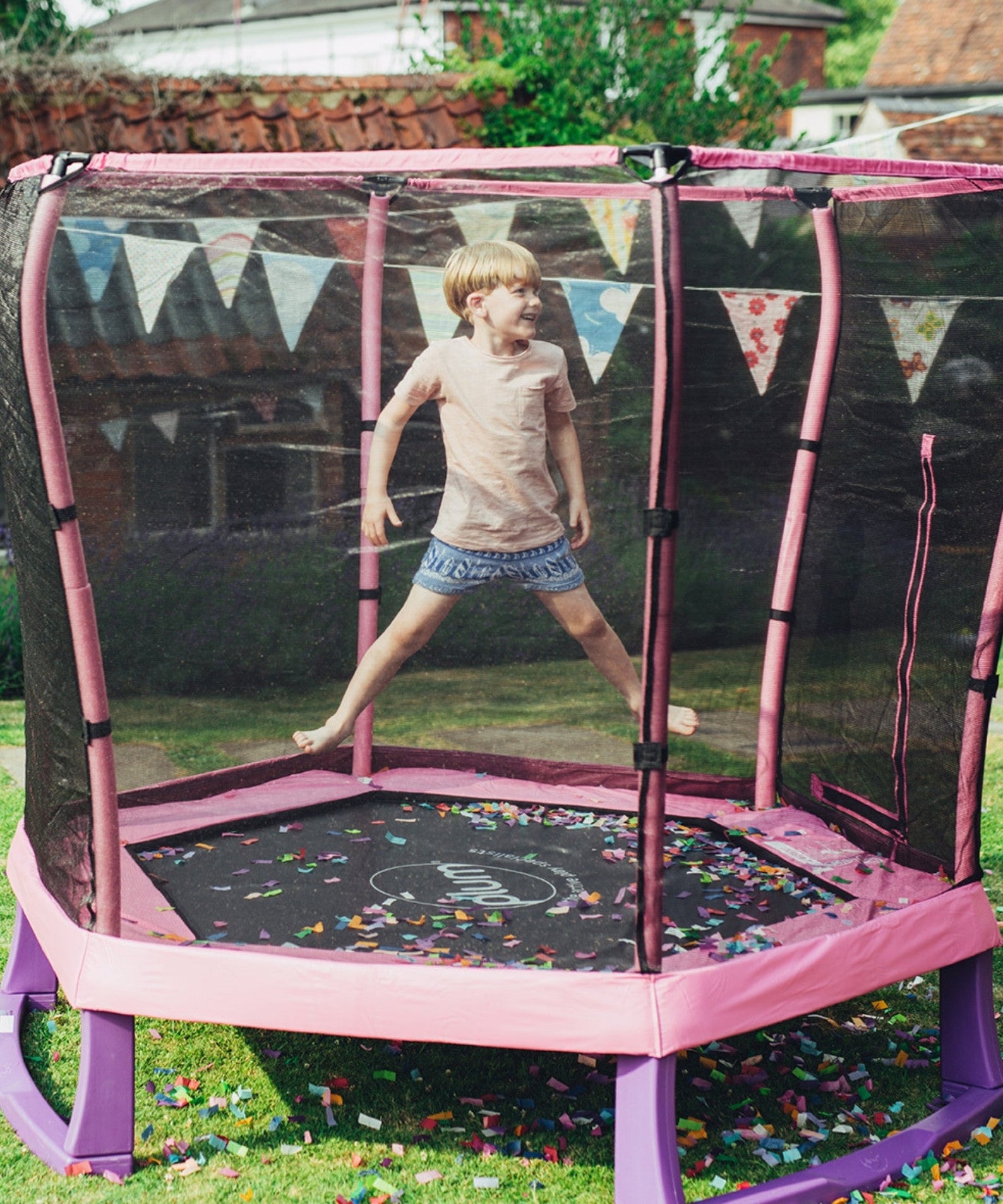 Plum 7ft Junior Jumper Trampoline with Enclosure, Safety Net and Foam Pad Protection, Stable Recreational Outdoor Toy with UV, Rust + Weather Protection, Suitable for Kids 3 Years and Above, Pink