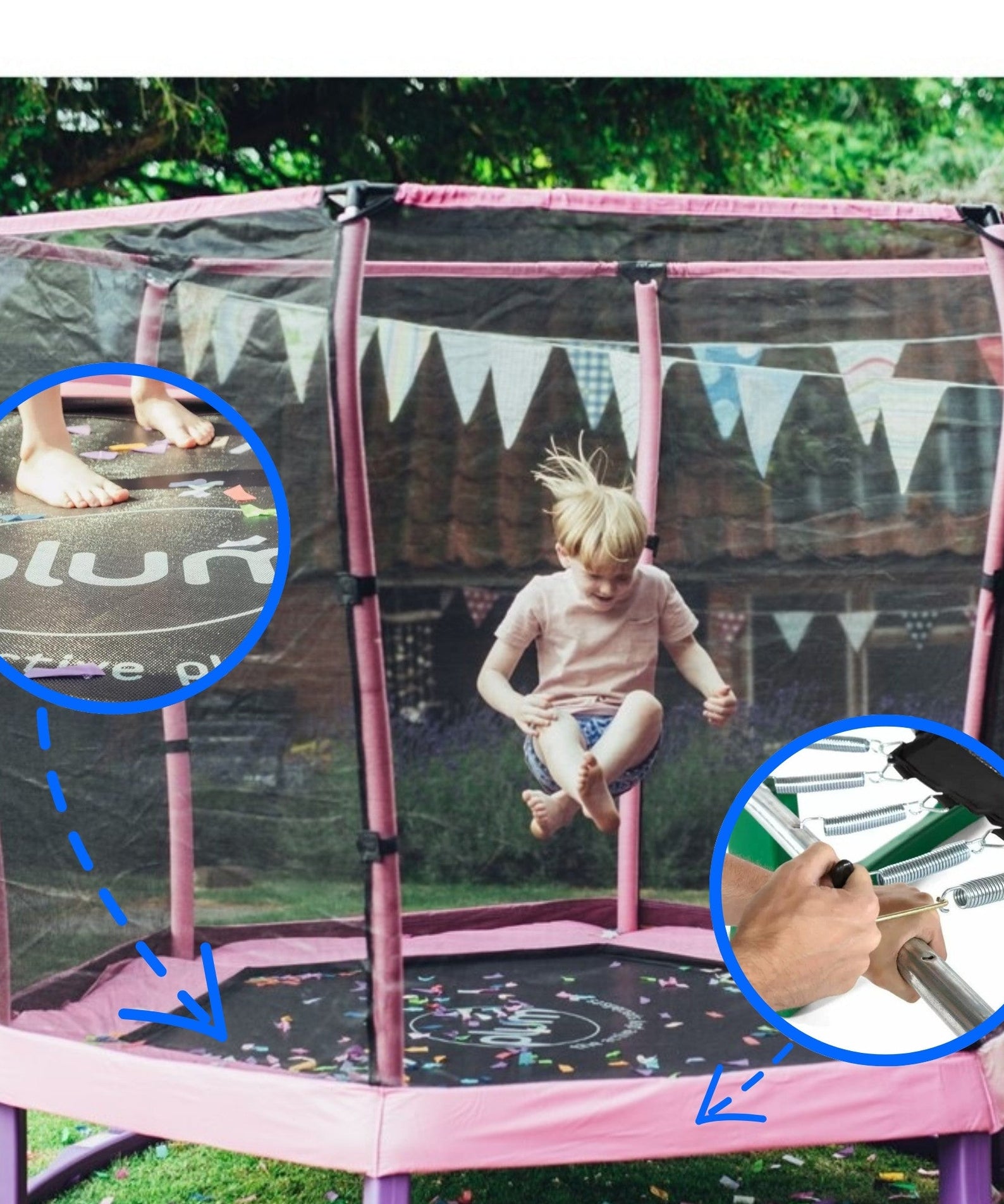 Plum 7ft Junior Jumper Trampoline with Enclosure, Safety Net and Foam Pad Protection, Stable Recreational Outdoor Toy with UV, Rust + Weather Protection, Suitable for Kids 3 Years and Above, Pink