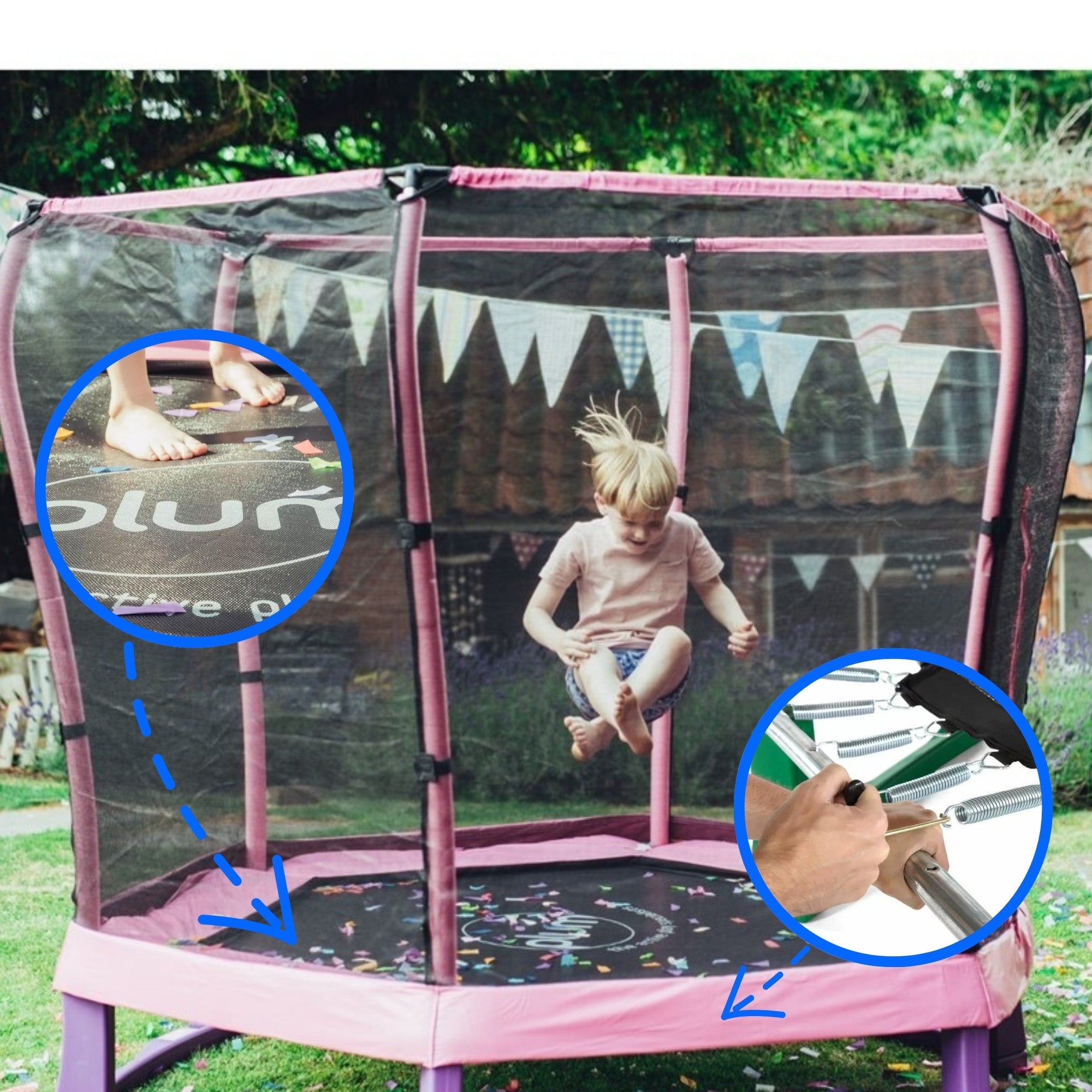 Plum 7ft Junior Jumper Trampoline with Enclosure, Safety Net and Foam Pad Protection, Stable Recreational Outdoor Toy with UV, Rust + Weather Protection, Suitable for Kids 3 Years and Above, Pink