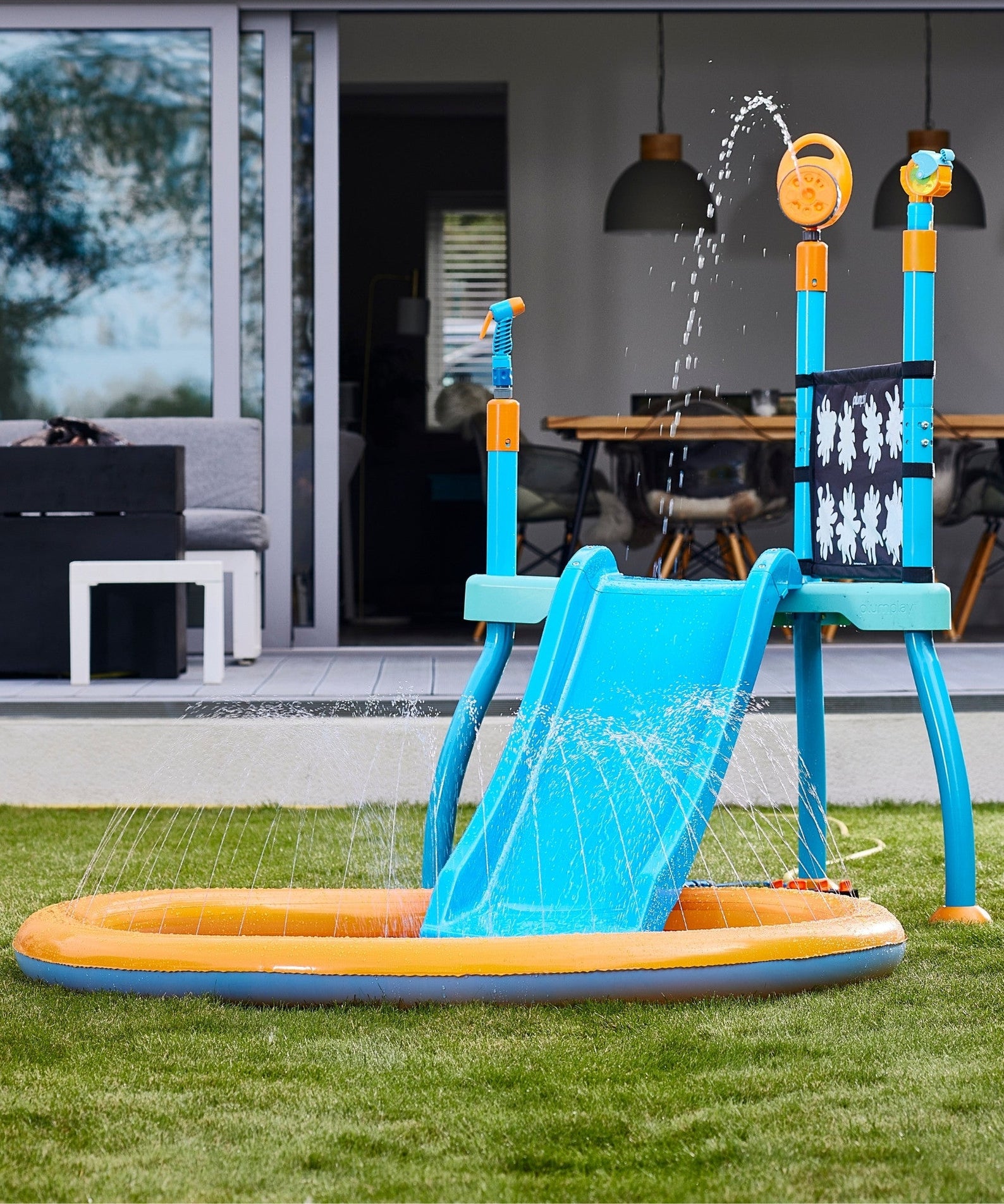 Plum Water Park Splash Station, Summer Outdoor Water Play Backyard Toy with 4ft Water Slide, Splash Pad, Bubble Blower, Revealing Wall and Water Sprinkler Accessories, Suitable for Children 3 Years +