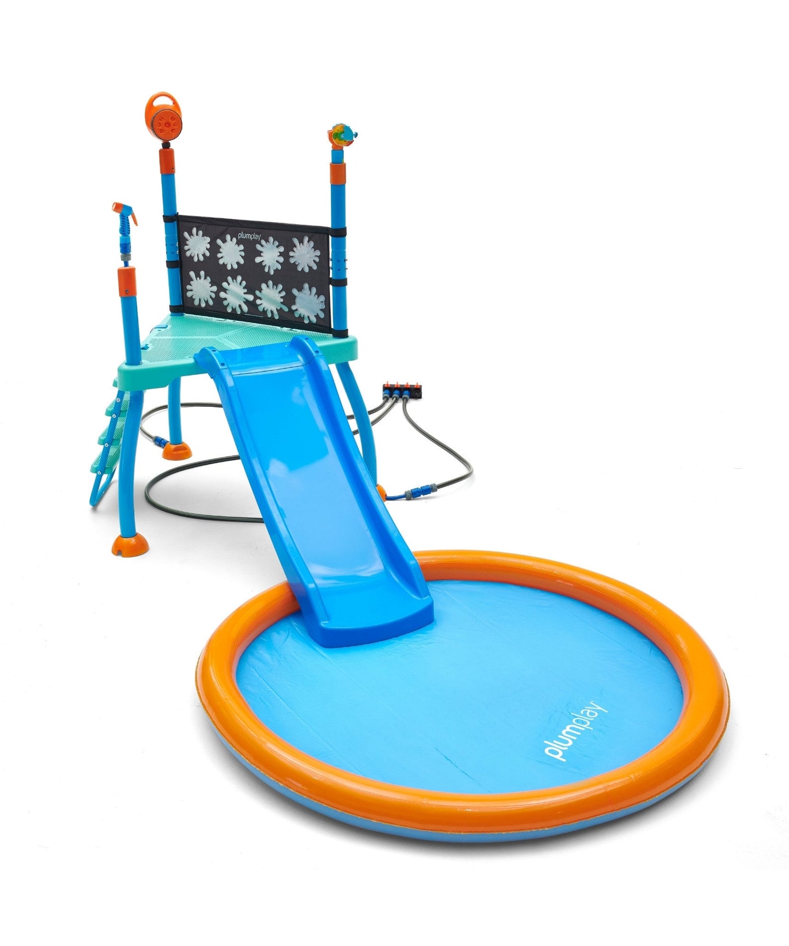 Plum Water Park Splash Station, Summer Outdoor Water Play Backyard Toy with 4ft Water Slide, Splash Pad, Bubble Blower, Revealing Wall and Water Sprinkler Accessories, Suitable for Children 3 Years +