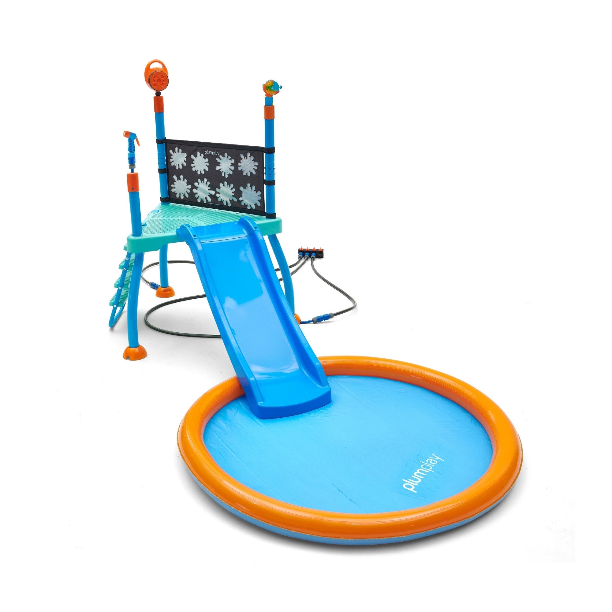 Plum Water Park Splash Station, Summer Outdoor Water Play Backyard Toy with 4ft Water Slide, Splash Pad, Bubble Blower, Revealing Wall and Water Sprinkler Accessories, Suitable for Children 3 Years +