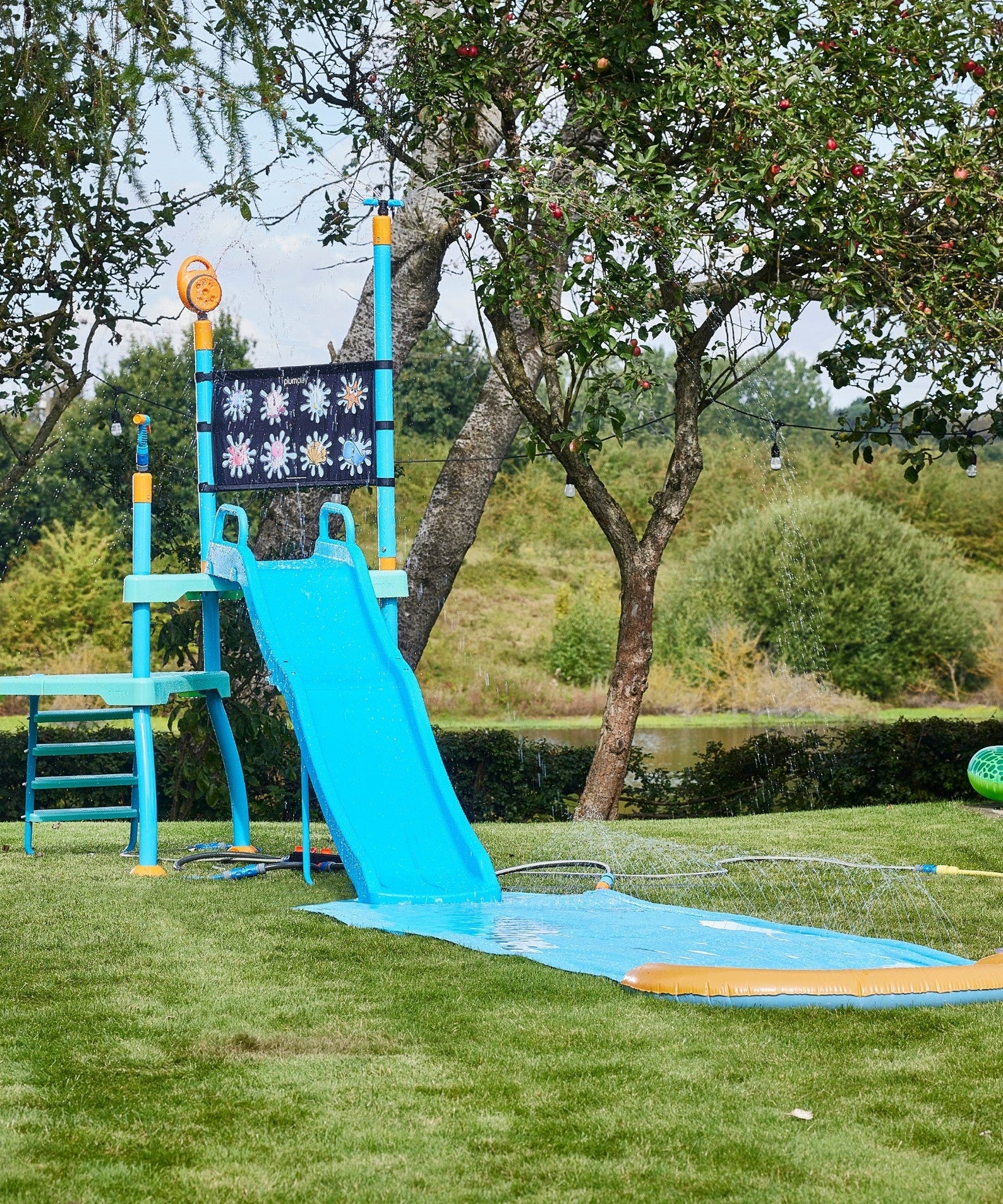 Plum Water Park Shower Tower, Summer Outdoor Water Play Backyard Toy with 6ft Water Slide, 3m Chute, Bubble Blower, Colour Revealing Wall and Water Sprinkler Accessories, for Children 3 Years +