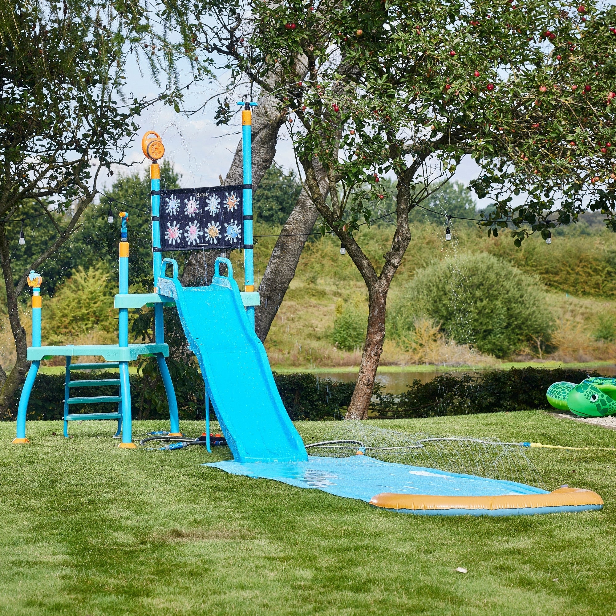 Plum Water Park Shower Tower, Summer Outdoor Water Play Backyard Toy with 6ft Water Slide, 3m Chute, Bubble Blower, Colour Revealing Wall and Water Sprinkler Accessories, for Children 3 Years +