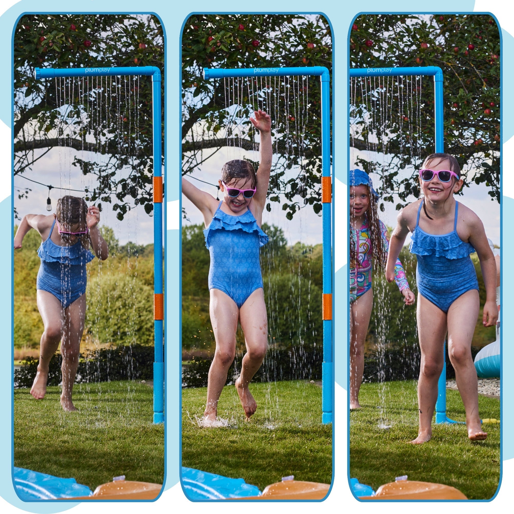 Plum Water Park Rain Wall with Height Adjustable Pole, Convenient and Easy to Store Summer Outdoor Water Play Backyard Toy, Suitable for Children 3 Years +, Blue