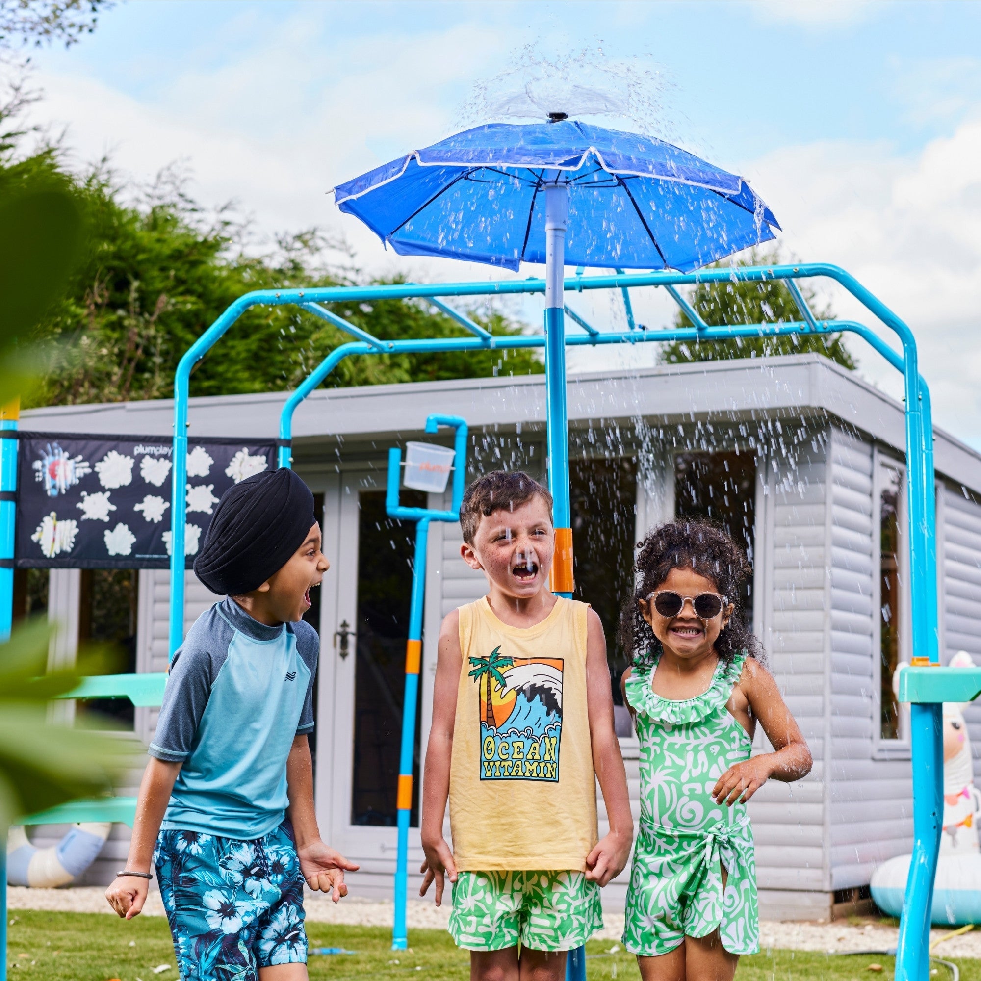 Plum Water Park Umbrella Fountain with Height Adjustable Pole, Convenient and Easy to Store Summer Outdoor Water Play Backyard Toy, Suitable for Children 3 Years +, Blue