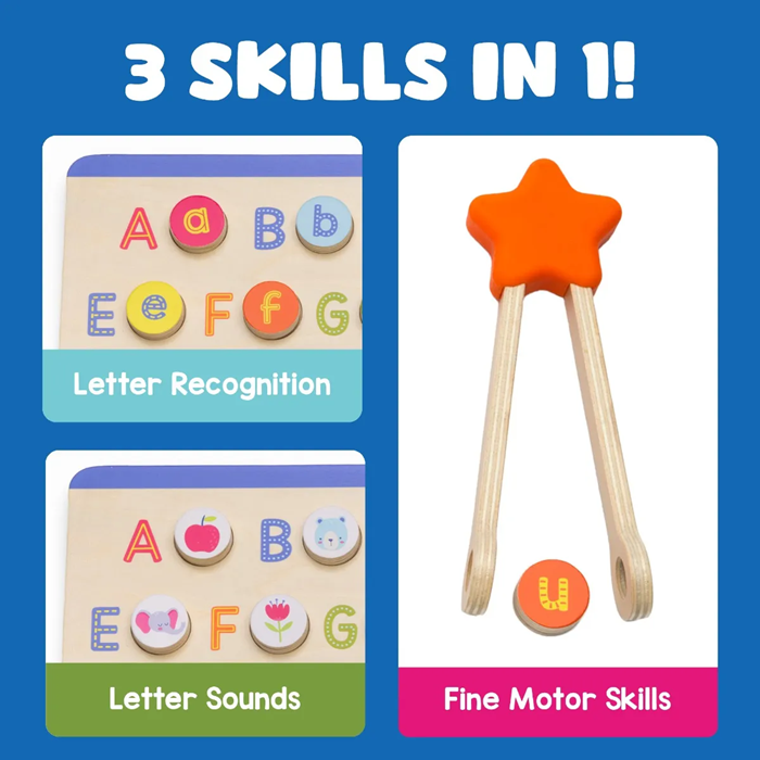 Educational Insights - ABC & Letter Sounds Wooden Puzzle – Wooden Alphabet Learning Puzzle with Letter Sounds & Fine Motor Tweezers (Ages 3+)