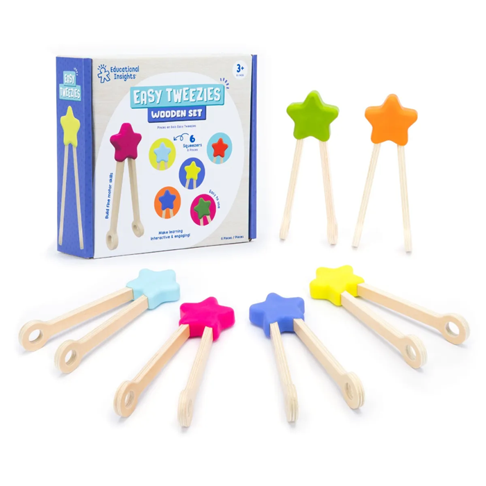 Educational Insights Easy Tweezies Small Group Set – Wooden Fine Motor Tweezers for Sorting & Counting (6-Pack, Ages 3+)