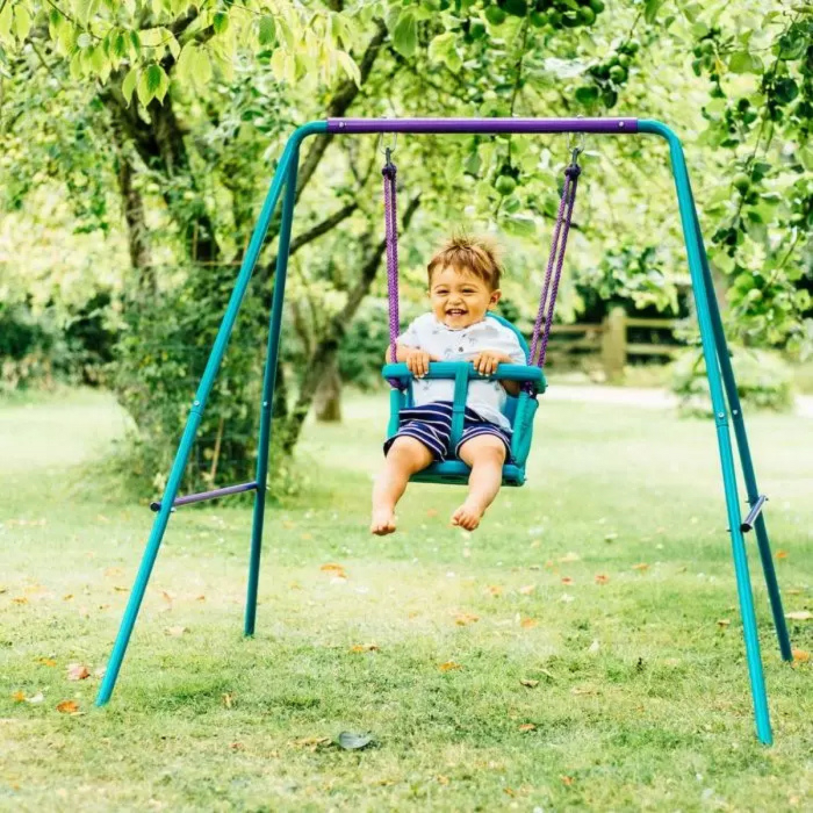 Plum 2 in 1 Metal Swing Set, Outdoor Swing with Height Adjustability and Interchangeable Seats, 50kg Weight Capacity, Suitable for Children both Boys and Girls Aged 12 Months and Above, Blue