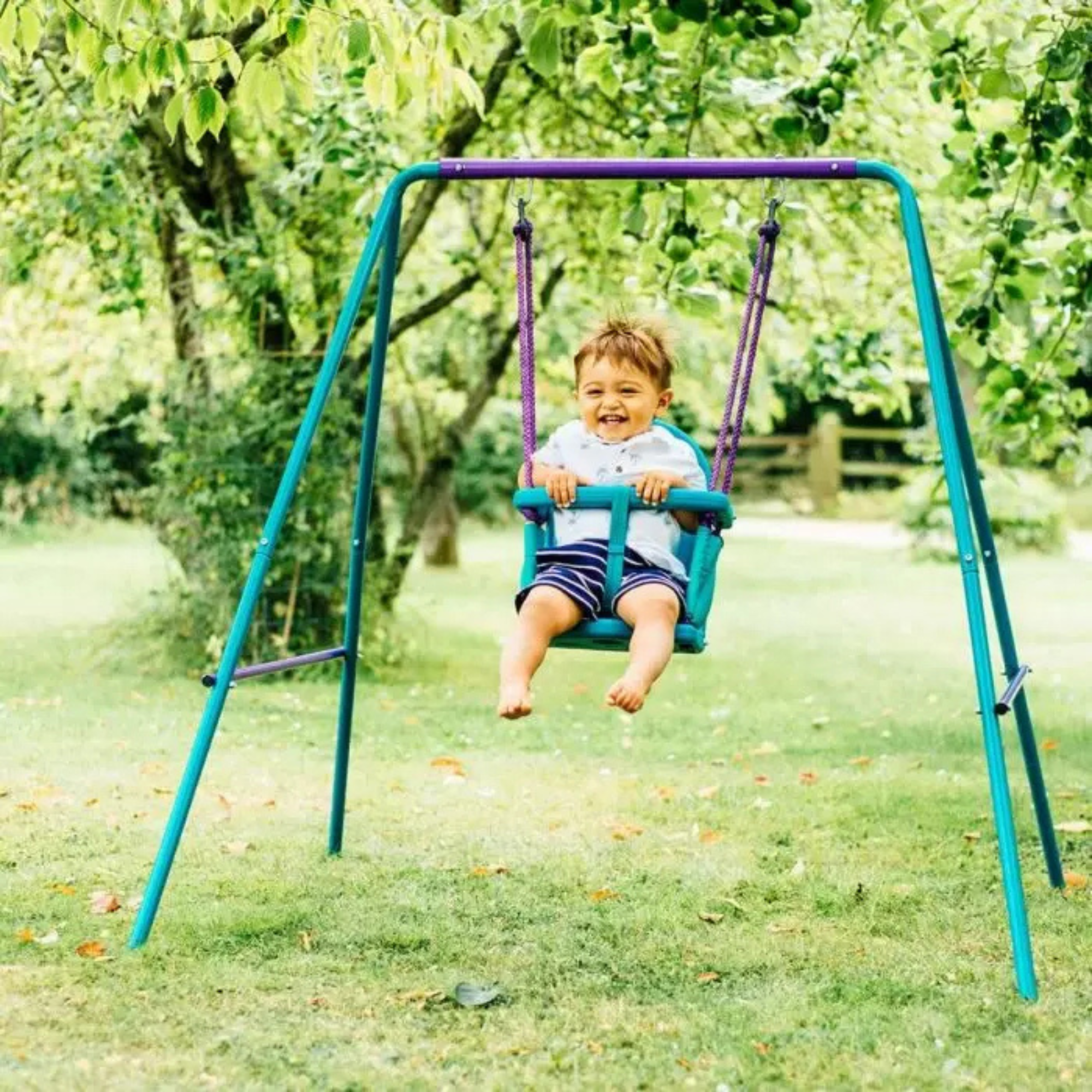 Plum 2 in 1 Metal Swing Set, Outdoor Swing with Height Adjustability and Interchangeable Seats, 50kg Weight Capacity, Suitable for Children both Boys and Girls Aged 12 Months and Above, Blue