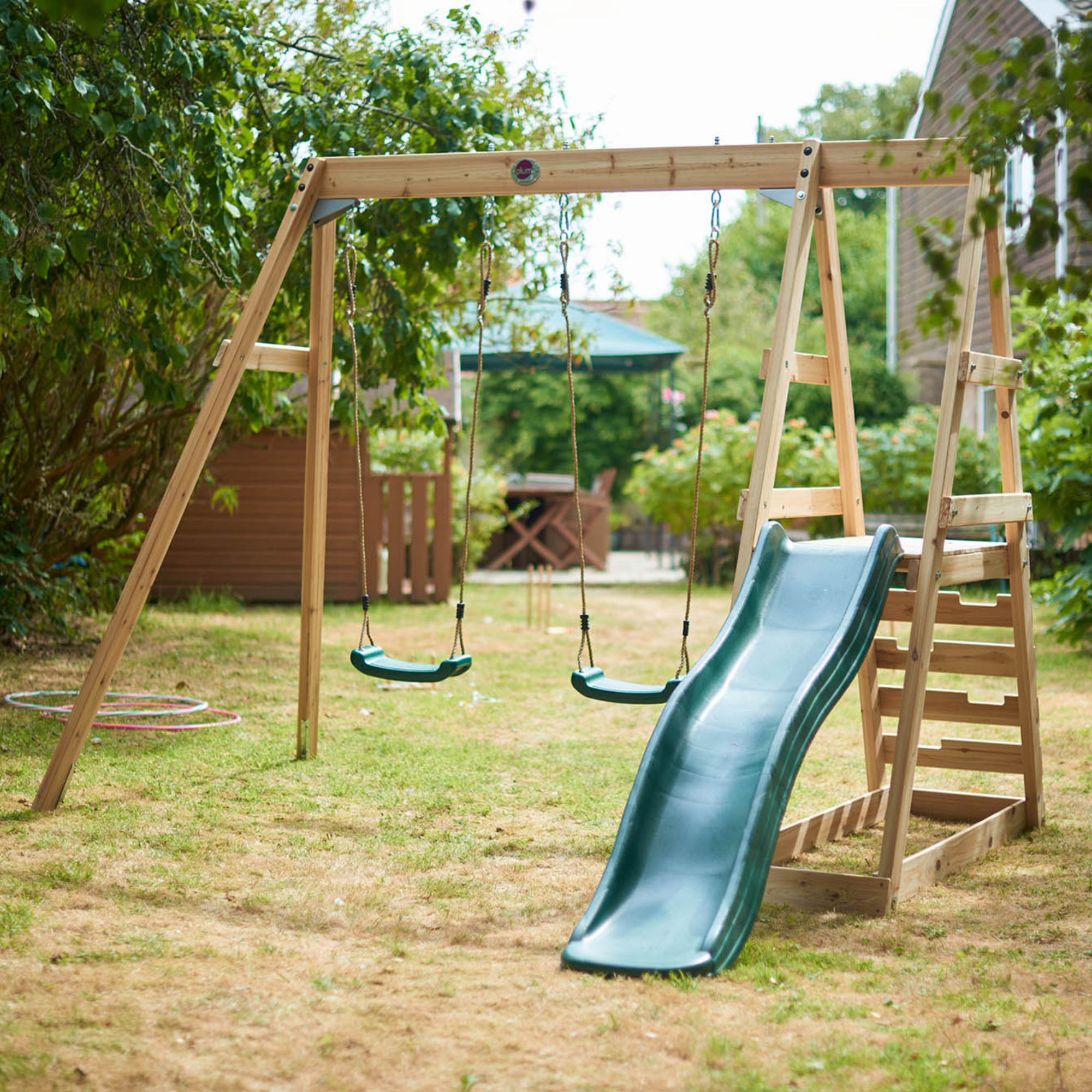 Plum Tamarin Wooden Climbing Frame with Swing and 6ft Slide, Outdoor Playground Backyward Toy with 50kg Weight Capacity per Seat, Suitable for Children both Boys and Girls Aged 3 years and Above