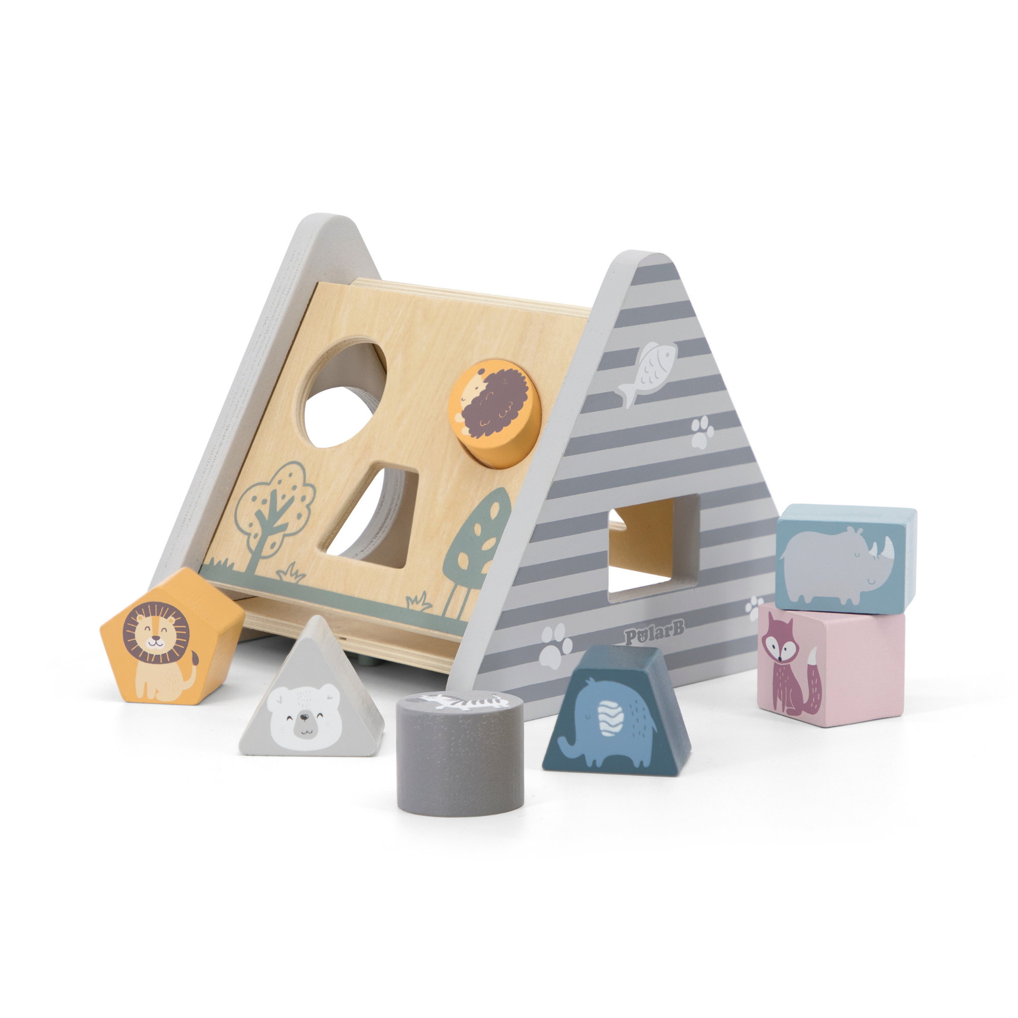 PolarB Wooden Shape Sorter Activity Box for Toddlers, 5-Sided Triangular Box with 7 Geometric Shapes and Turning Gears, Educational Toy for Shape Recognition and Fine Motor Skills