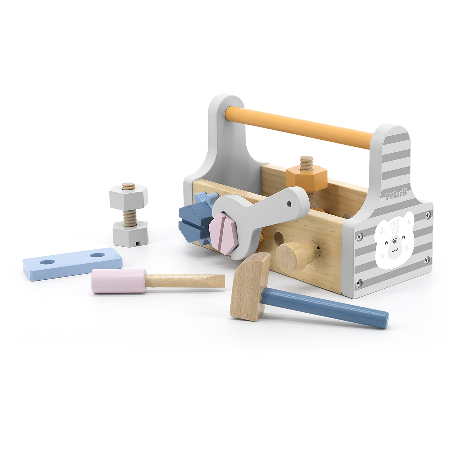 PolarB Wooden Tool Kit for Kids Aged 3 and Up  Polar Bear Themed Pretend Play Toolbox with Hammer, Wrench, Screwdriver, Bolts, Nuts, Gears, and Panels
