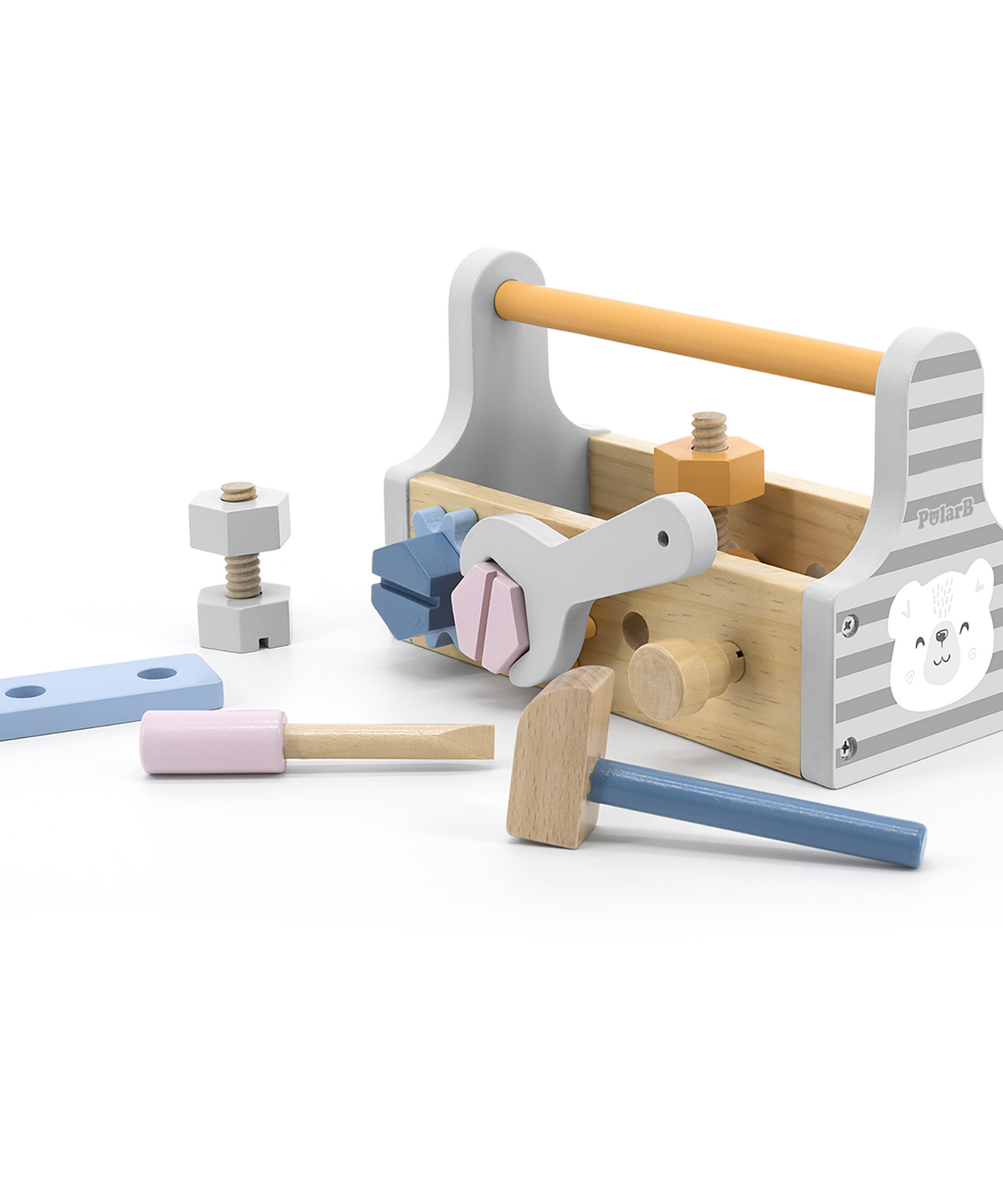 PolarB Wooden Tool Kit for Kids Aged 3 and Up  Polar Bear Themed Pretend Play Toolbox with Hammer, Wrench, Screwdriver, Bolts, Nuts, Gears, and Panels
