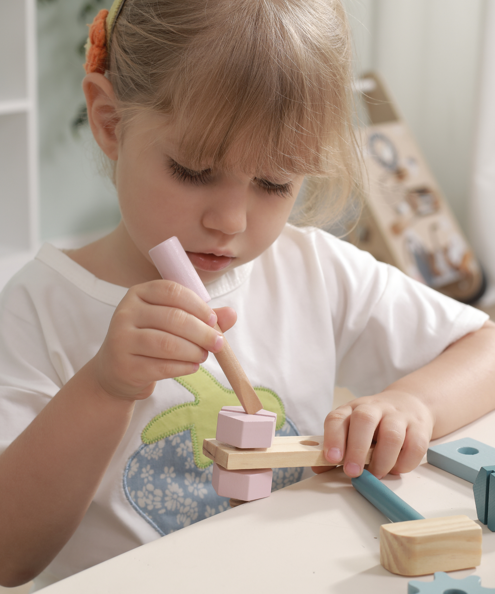 PolarB Wooden Tool Kit for Kids Aged 3 and Up  Polar Bear Themed Pretend Play Toolbox with Hammer, Wrench, Screwdriver, Bolts, Nuts, Gears, and Panels