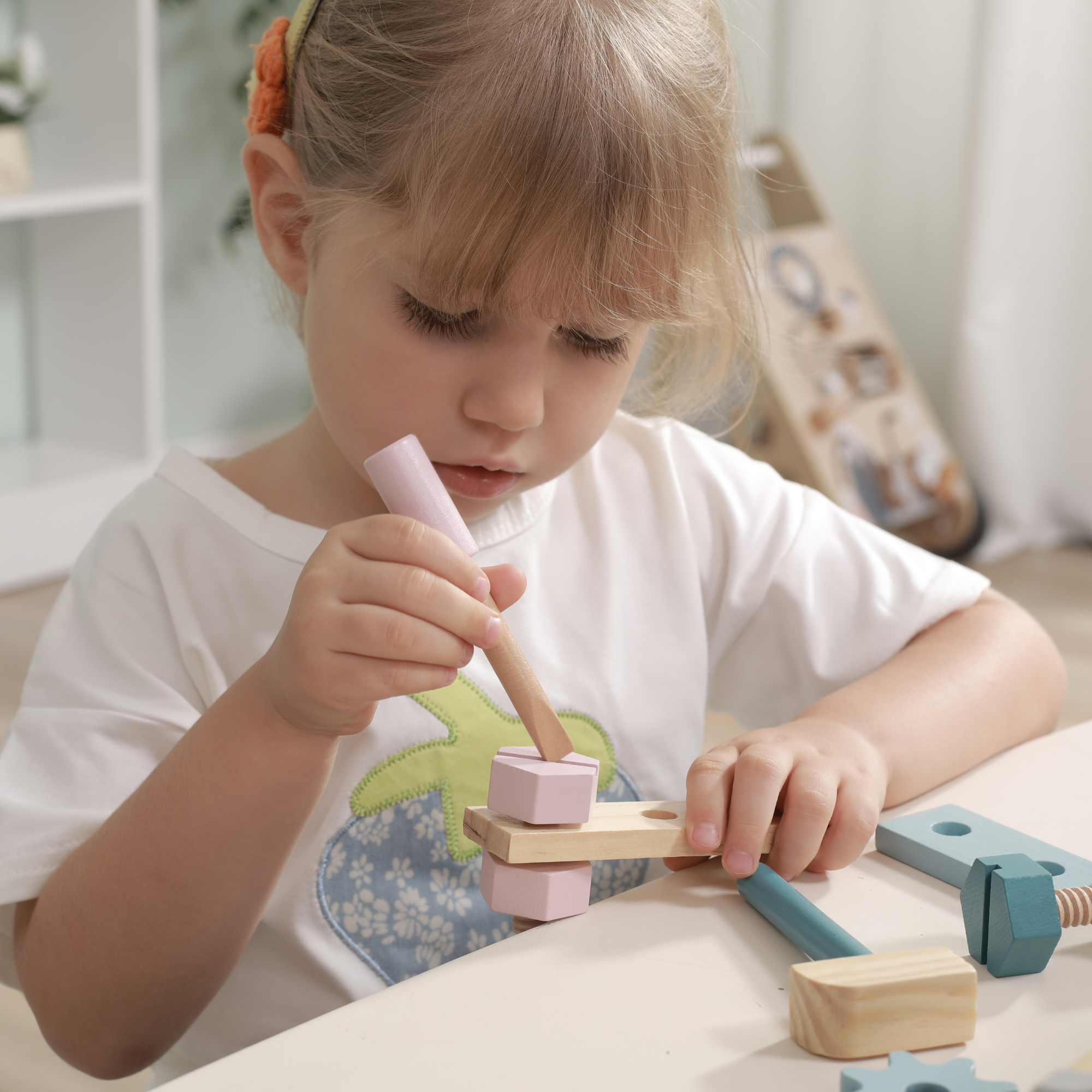 PolarB Wooden Tool Kit for Kids Aged 3 and Up  Polar Bear Themed Pretend Play Toolbox with Hammer, Wrench, Screwdriver, Bolts, Nuts, Gears, and Panels