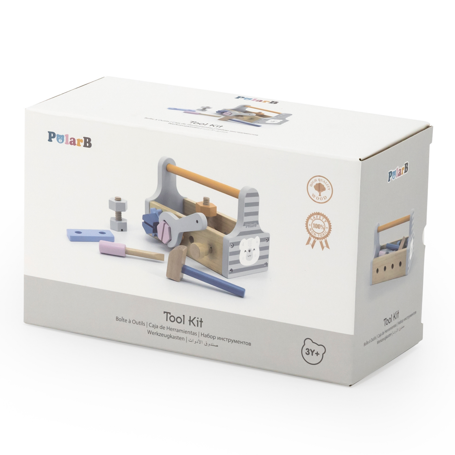 PolarB Wooden Tool Kit for Kids Aged 3 and Up  Polar Bear Themed Pretend Play Toolbox with Hammer, Wrench, Screwdriver, Bolts, Nuts, Gears, and Panels