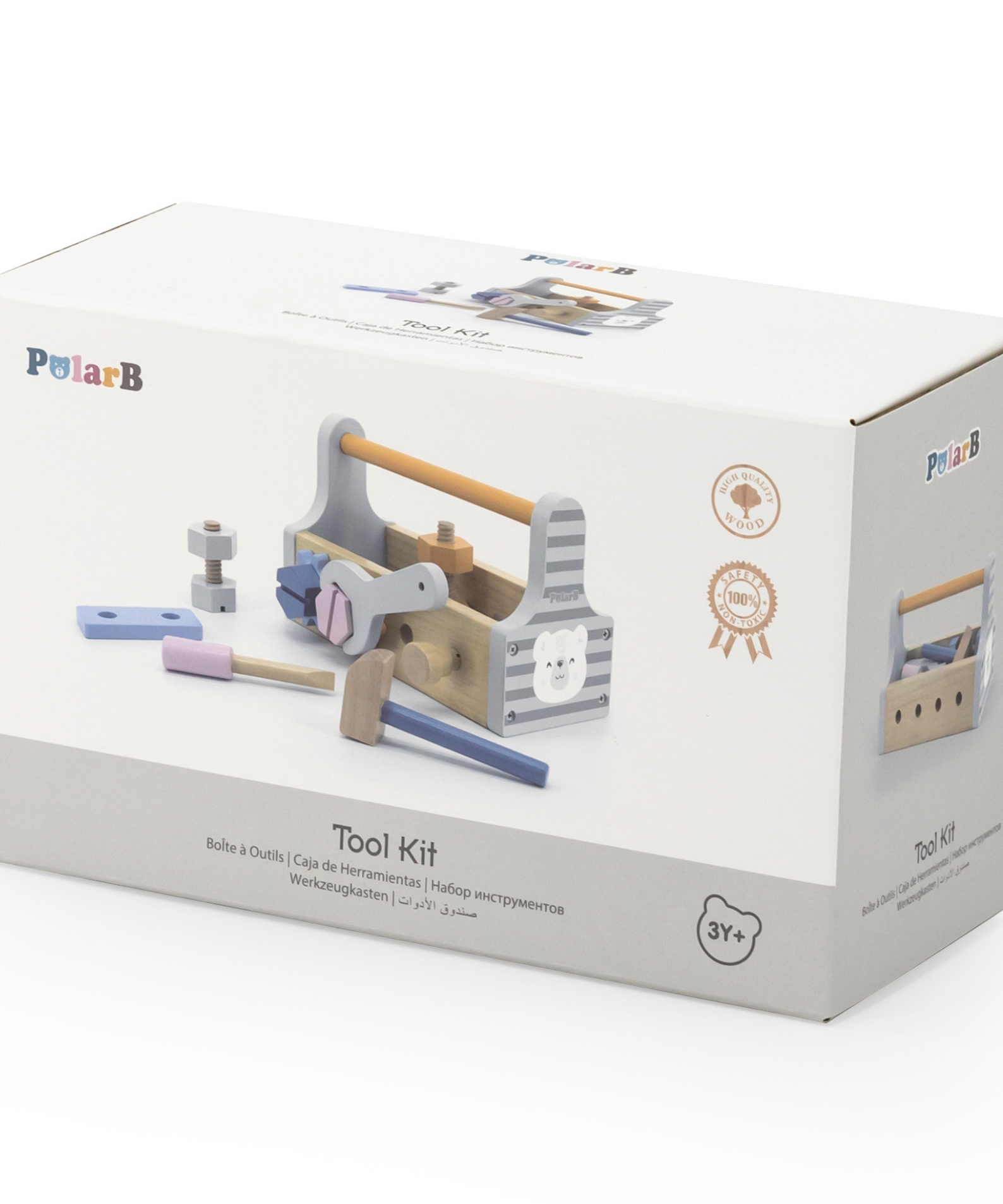PolarB Wooden Tool Kit for Kids Aged 3 and Up  Polar Bear Themed Pretend Play Toolbox with Hammer, Wrench, Screwdriver, Bolts, Nuts, Gears, and Panels