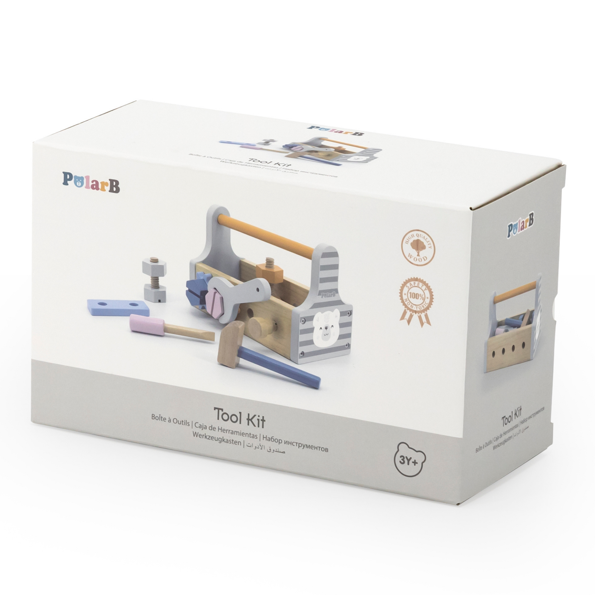 PolarB Wooden Tool Kit for Kids Aged 3 and Up  Polar Bear Themed Pretend Play Toolbox with Hammer, Wrench, Screwdriver, Bolts, Nuts, Gears, and Panels