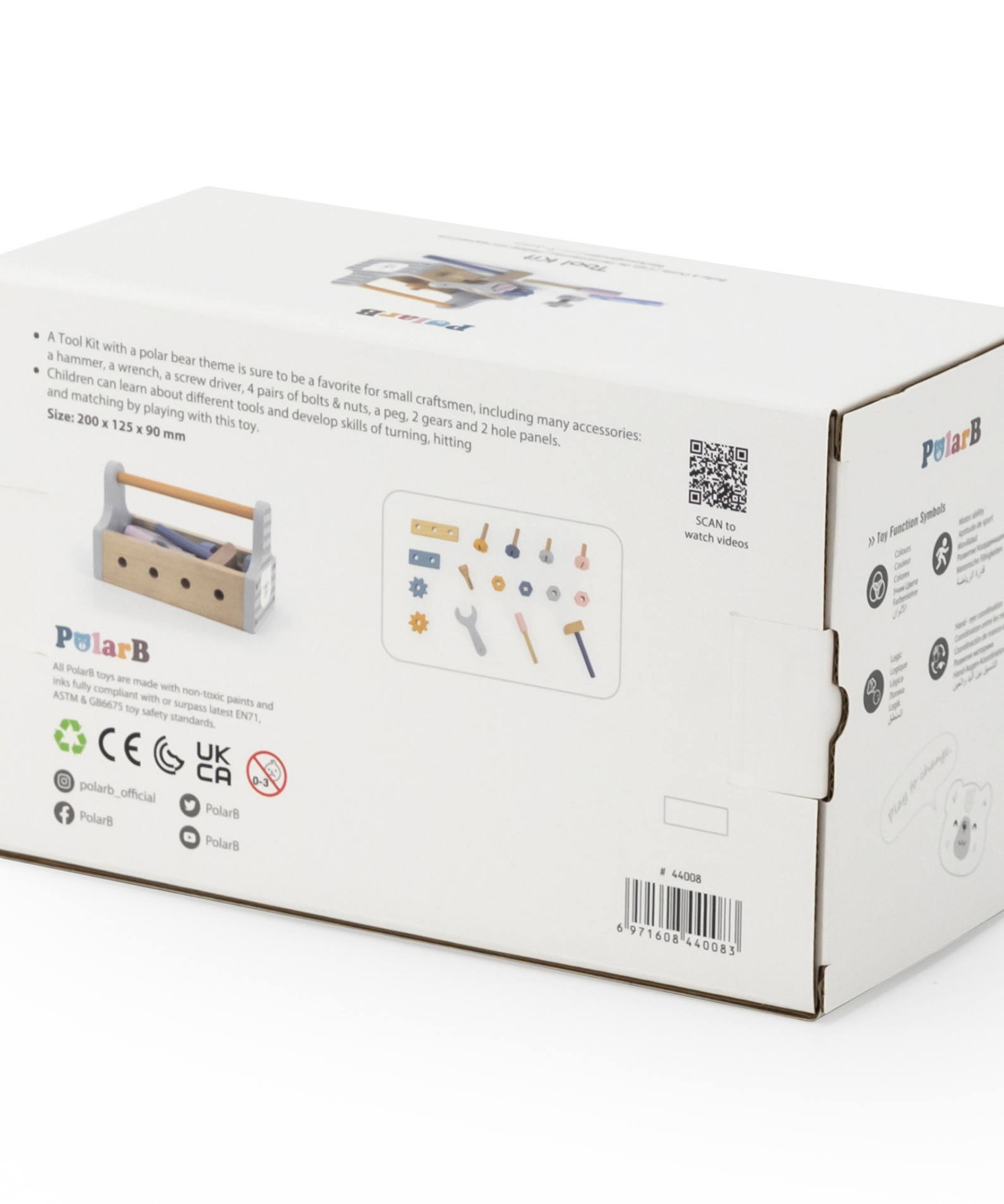 PolarB Wooden Tool Kit for Kids Aged 3 and Up  Polar Bear Themed Pretend Play Toolbox with Hammer, Wrench, Screwdriver, Bolts, Nuts, Gears, and Panels