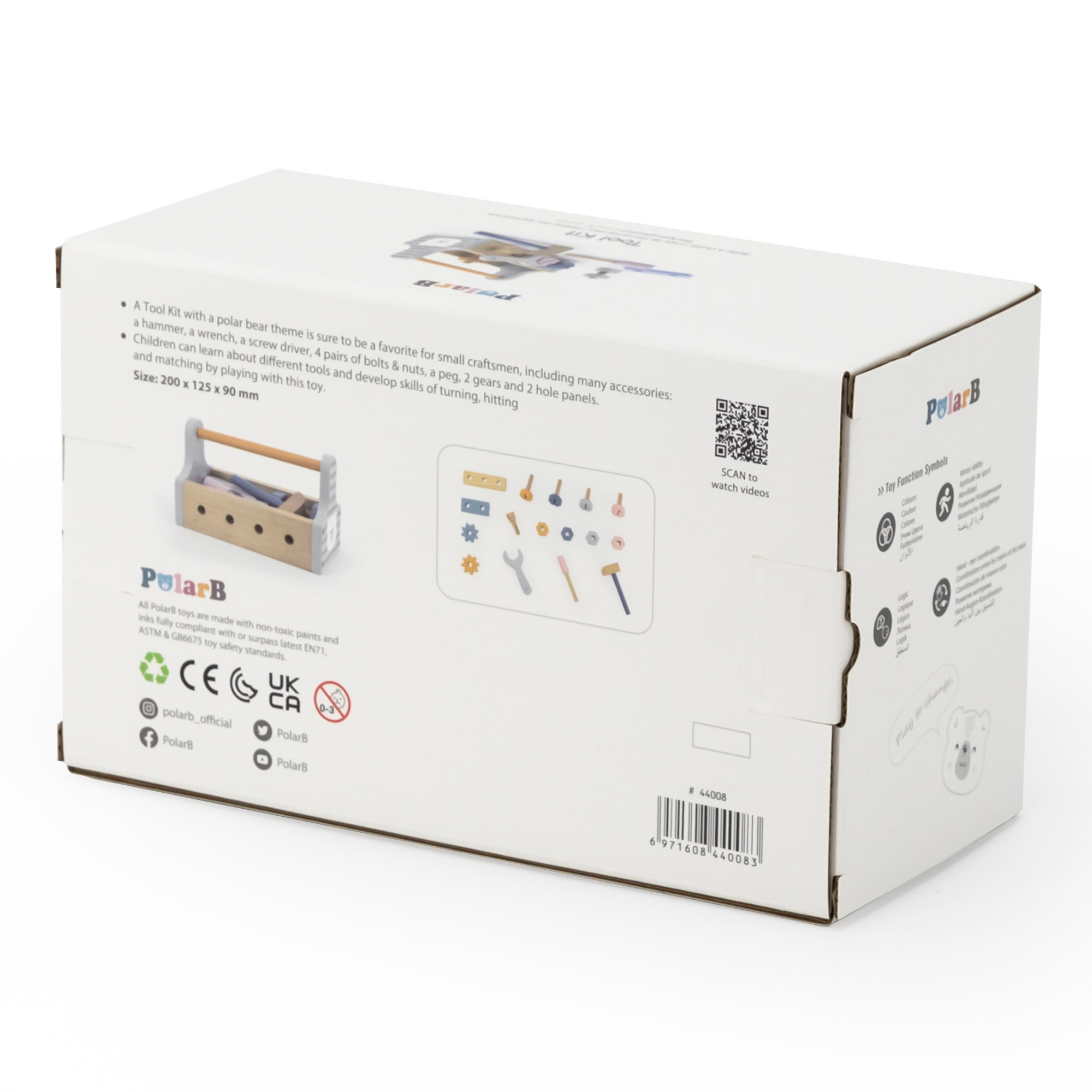 PolarB Wooden Tool Kit for Kids Aged 3 and Up  Polar Bear Themed Pretend Play Toolbox with Hammer, Wrench, Screwdriver, Bolts, Nuts, Gears, and Panels