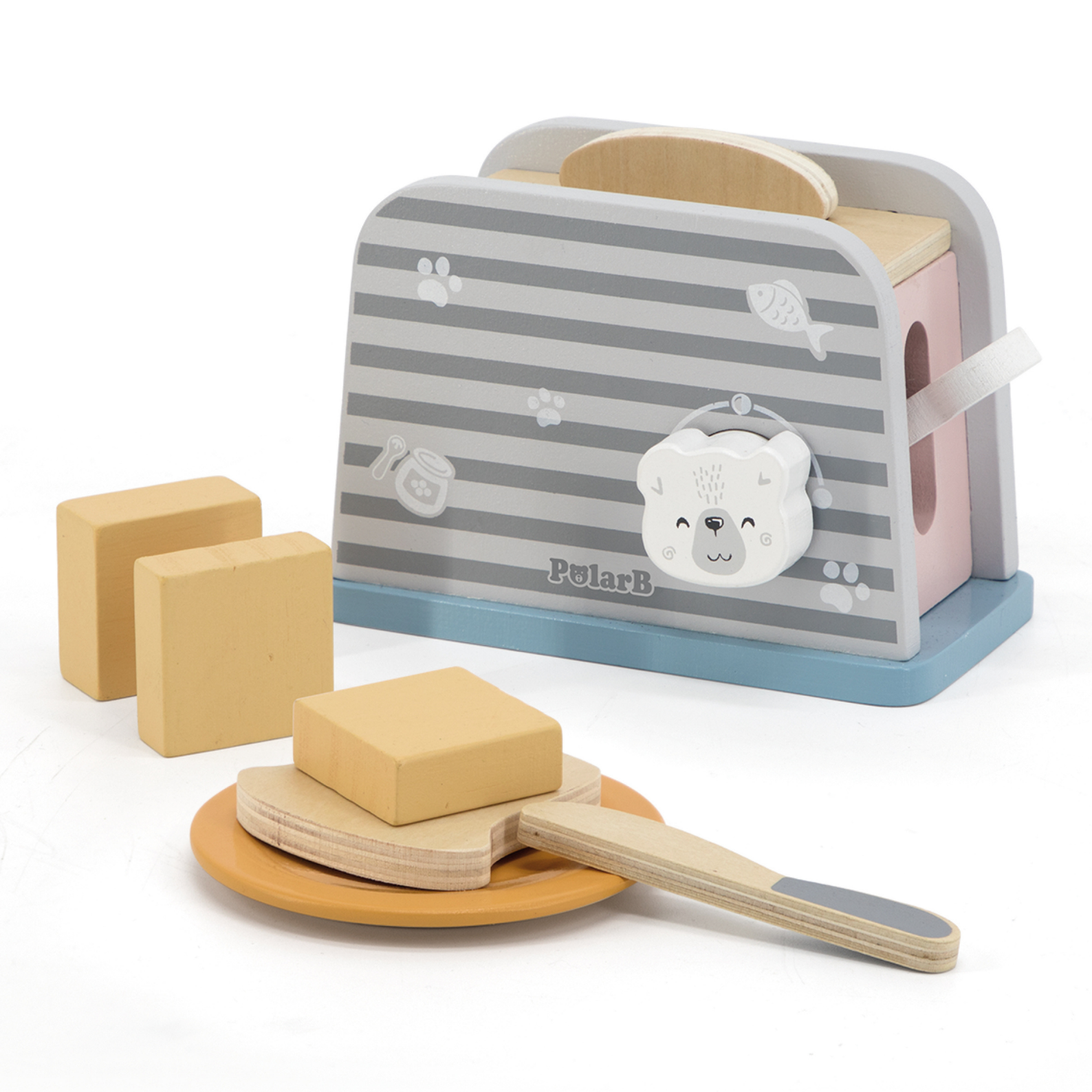 PolarB Wooden Toaster Set for Kids Aged 3 and Up  Includes Toaster, 2 Bread Slices, Plate, Knife, and Butter Pieces  Realistic Pretend Play Kitchen Toy