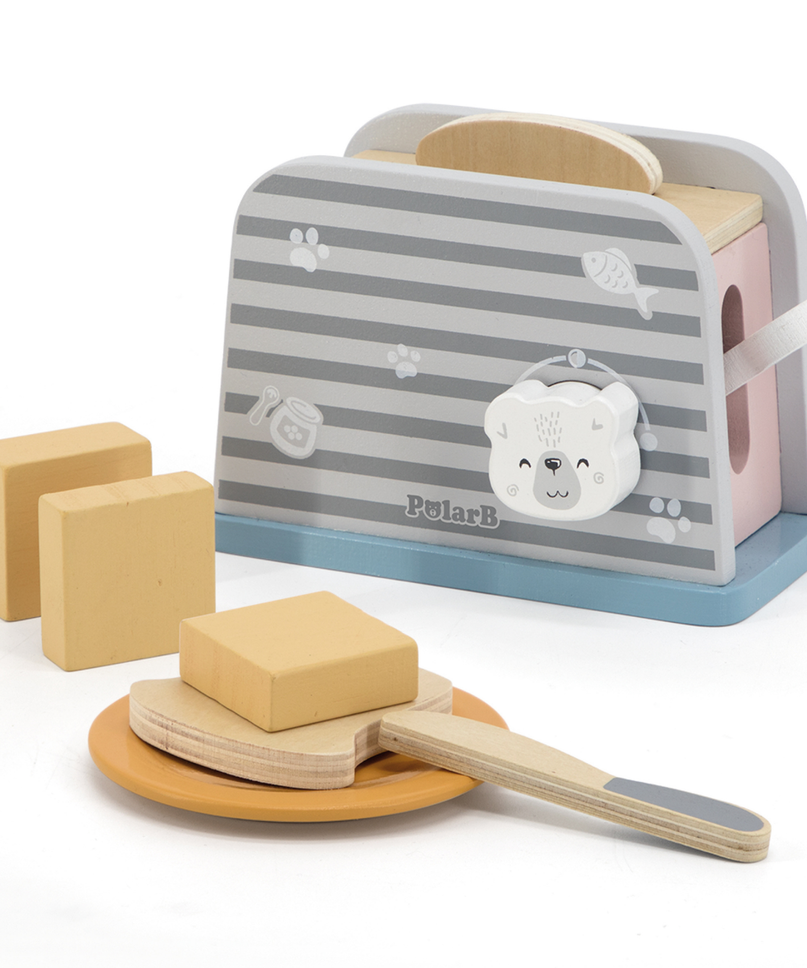 PolarB Wooden Toaster Set for Kids Aged 3 and Up  Includes Toaster, 2 Bread Slices, Plate, Knife, and Butter Pieces  Realistic Pretend Play Kitchen Toy