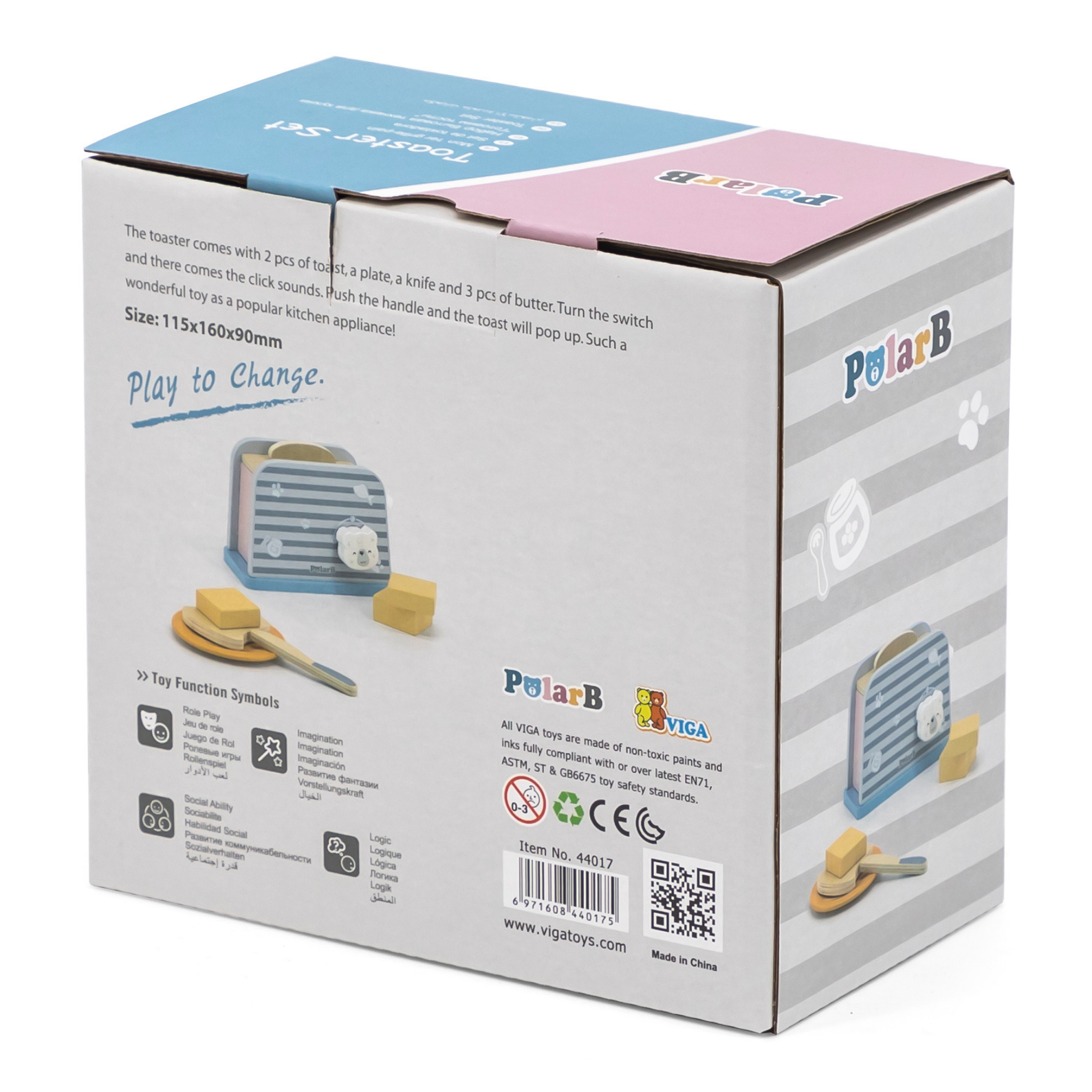 PolarB Wooden Toaster Set for Kids Aged 3 and Up  Includes Toaster, 2 Bread Slices, Plate, Knife, and Butter Pieces  Realistic Pretend Play Kitchen Toy