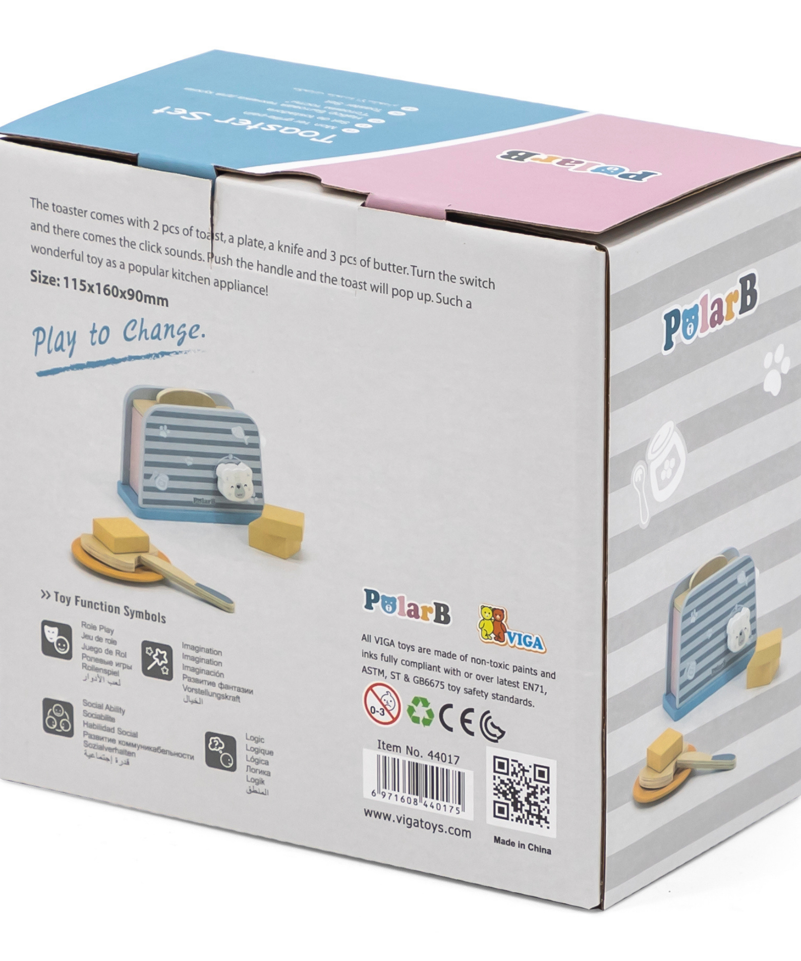 PolarB Wooden Toaster Set for Kids Aged 3 and Up  Includes Toaster, 2 Bread Slices, Plate, Knife, and Butter Pieces  Realistic Pretend Play Kitchen Toy