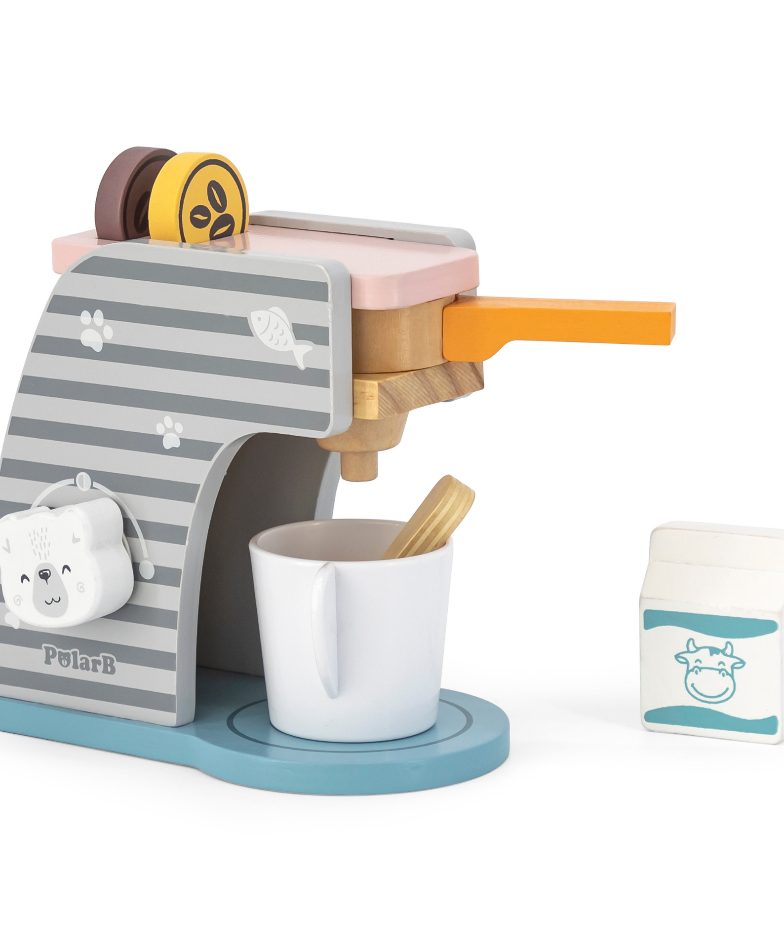 PolarB Wooden Coffee Machine Set for Kids Aged 3 and Up  Pretend Play Barista Toy with Cup, Spoon, Milk Bottle, and Coffee Beans