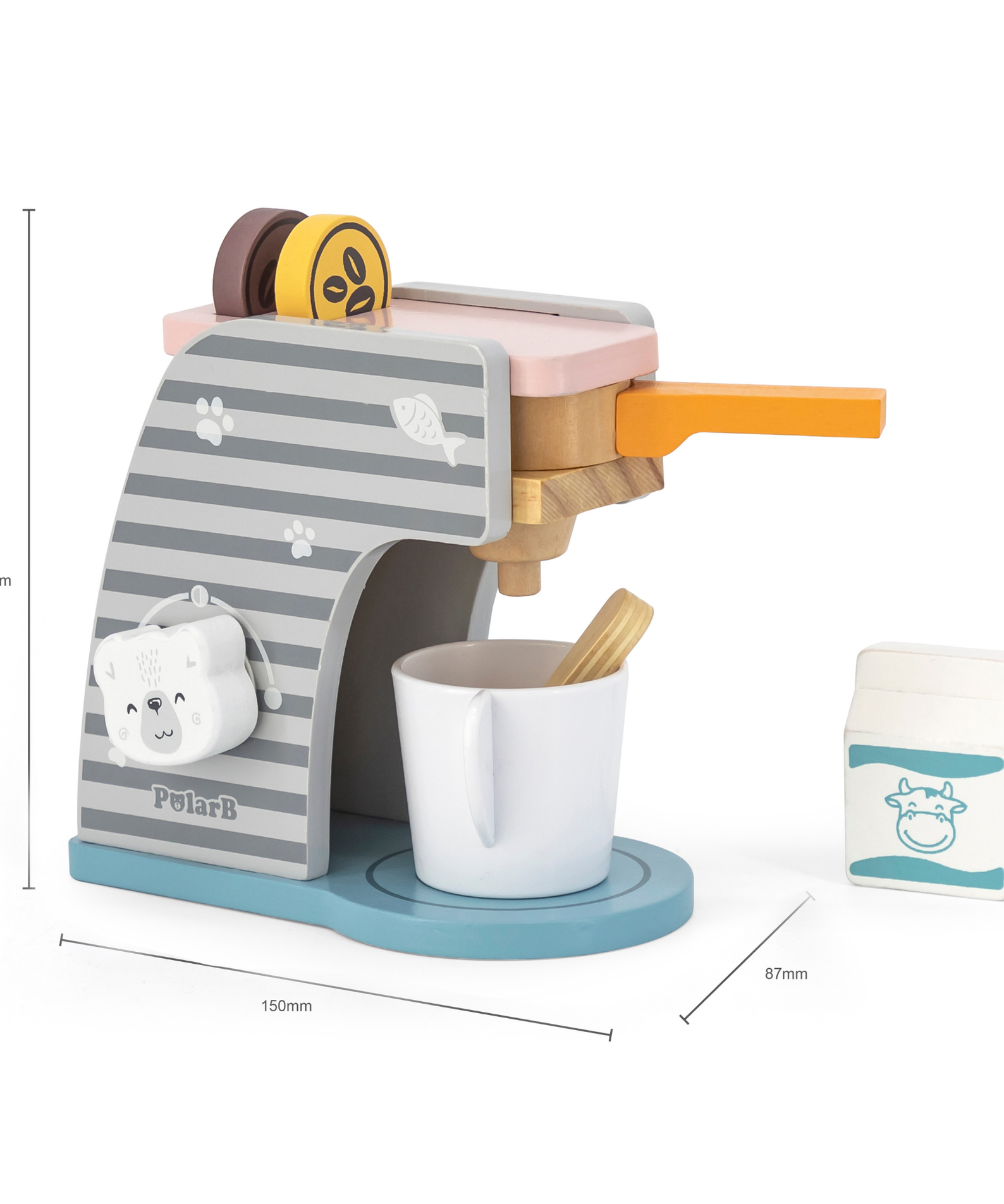 PolarB Wooden Coffee Machine Set for Kids Aged 3 and Up  Pretend Play Barista Toy with Cup, Spoon, Milk Bottle, and Coffee Beans