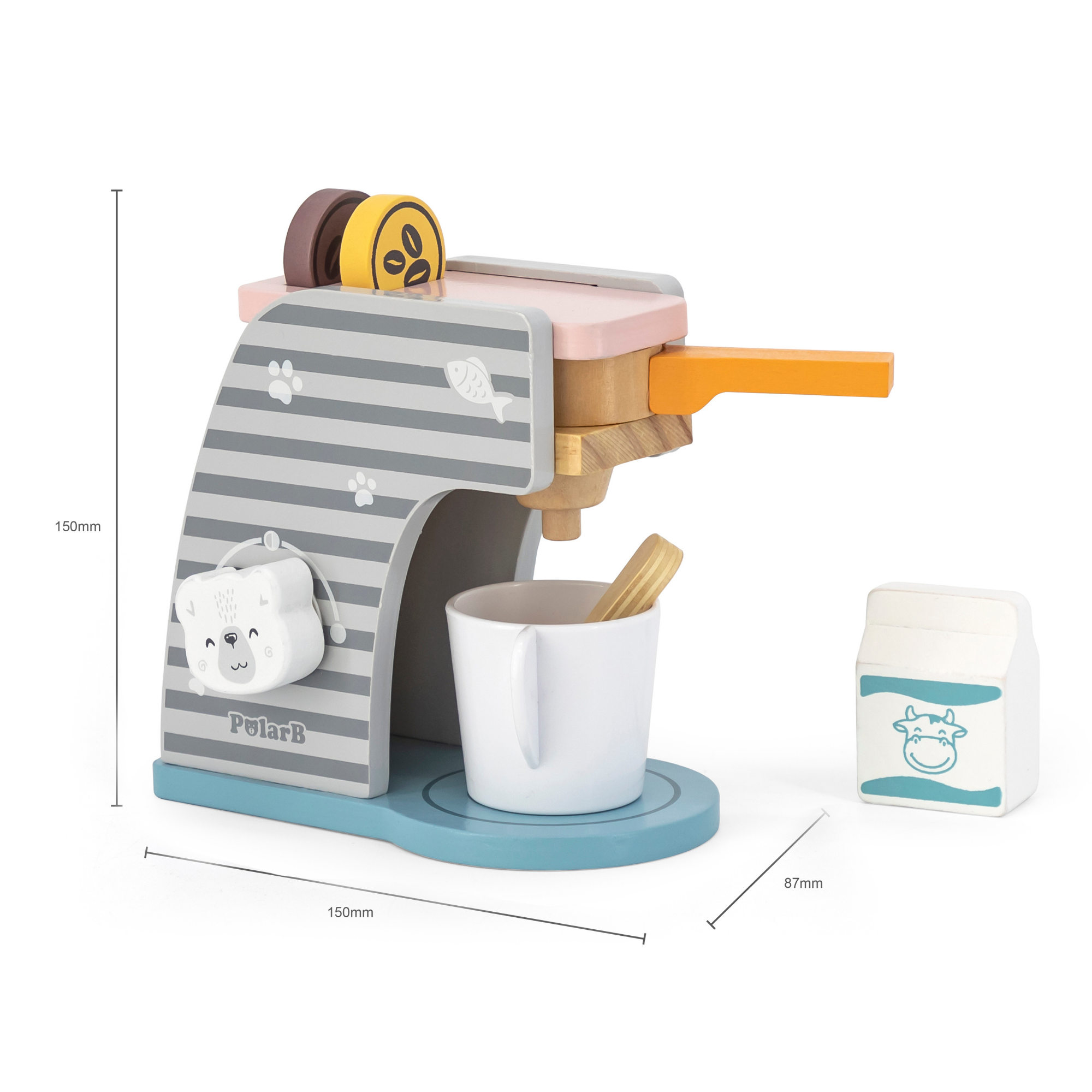 PolarB Wooden Coffee Machine Set for Kids Aged 3 and Up  Pretend Play Barista Toy with Cup, Spoon, Milk Bottle, and Coffee Beans