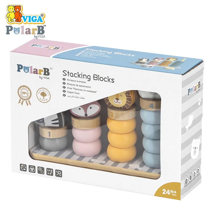 VIGA PolarB Wooden Stacking Blocks with Animal Faces  Educational Toy for Toddlers Age 24 Months+