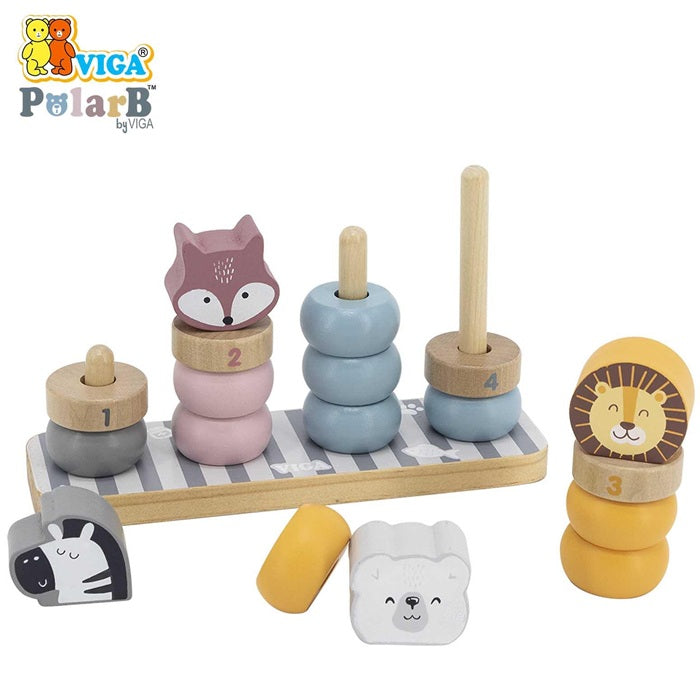 VIGA PolarB Wooden Stacking Blocks with Animal Faces  Educational Toy for Toddlers Age 24 Months+