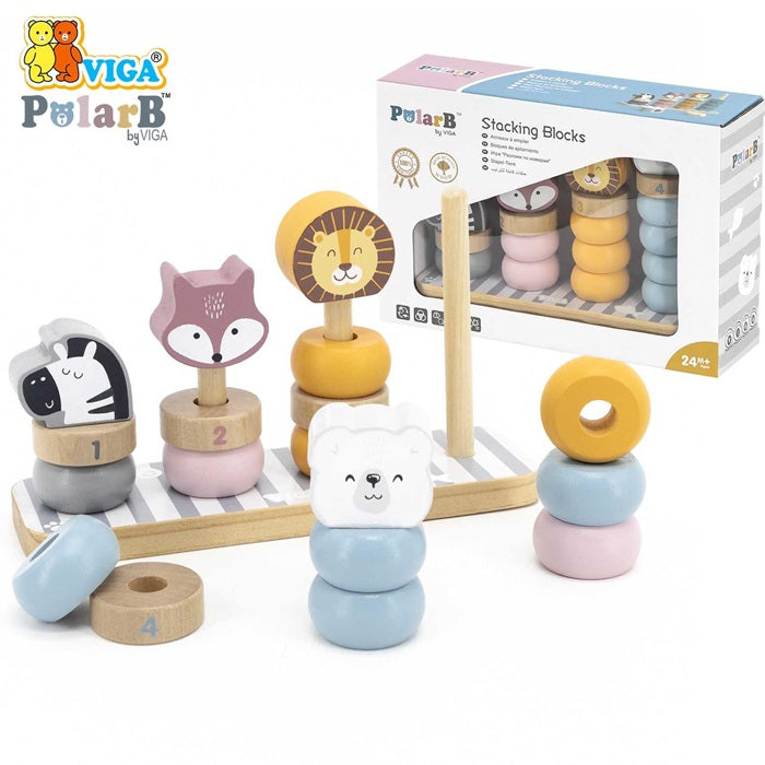 VIGA PolarB Wooden Stacking Blocks with Animal Faces  Educational Toy for Toddlers Age 24 Months+
