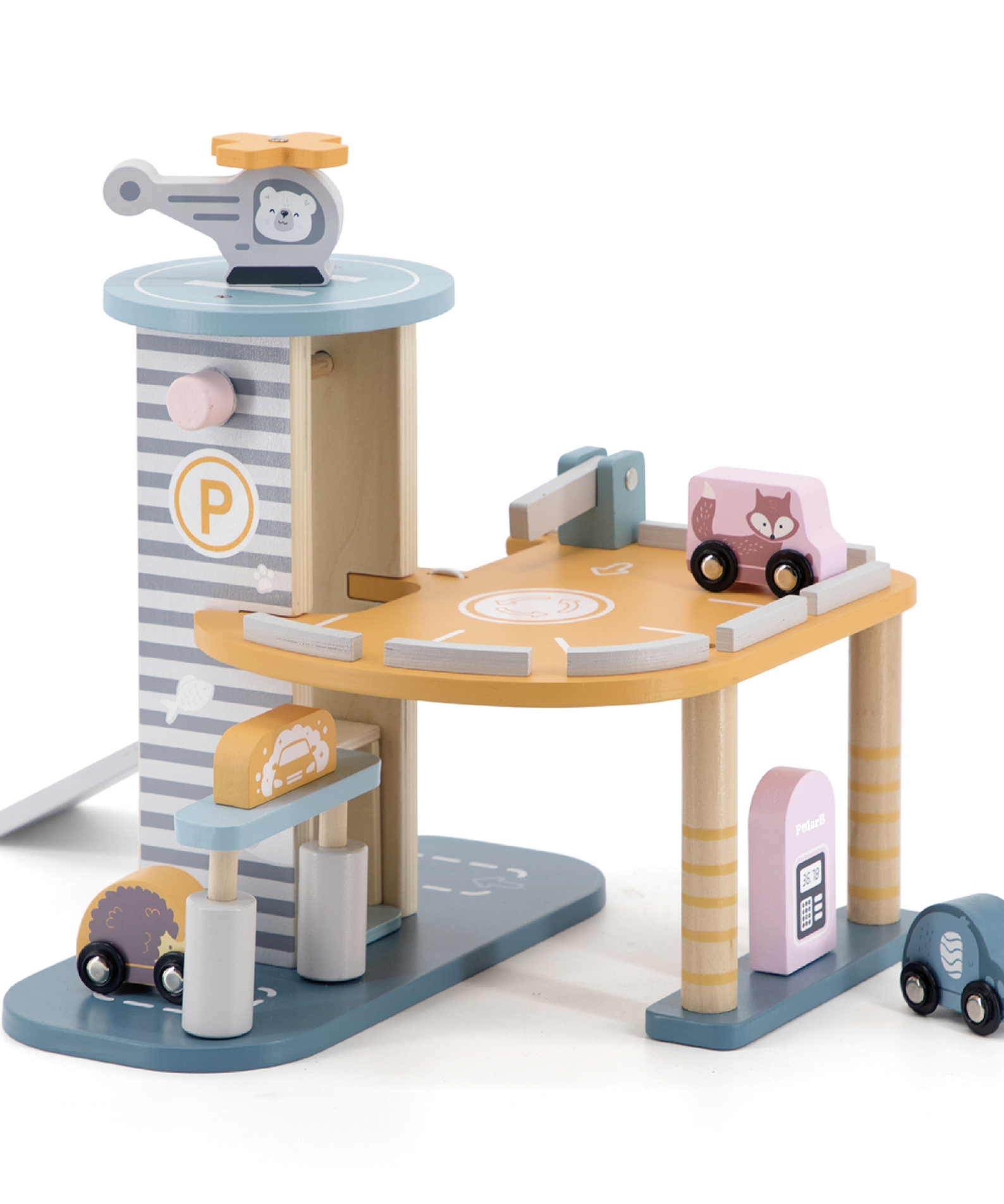 PolarB Wooden Parking Garage Toy with Cars and Helicopter for Kids Aged 3 and Up  Educational Roleplay Set with Gas Station, Car Wash, Lift, Ramp, and Rooftop Landing Pad