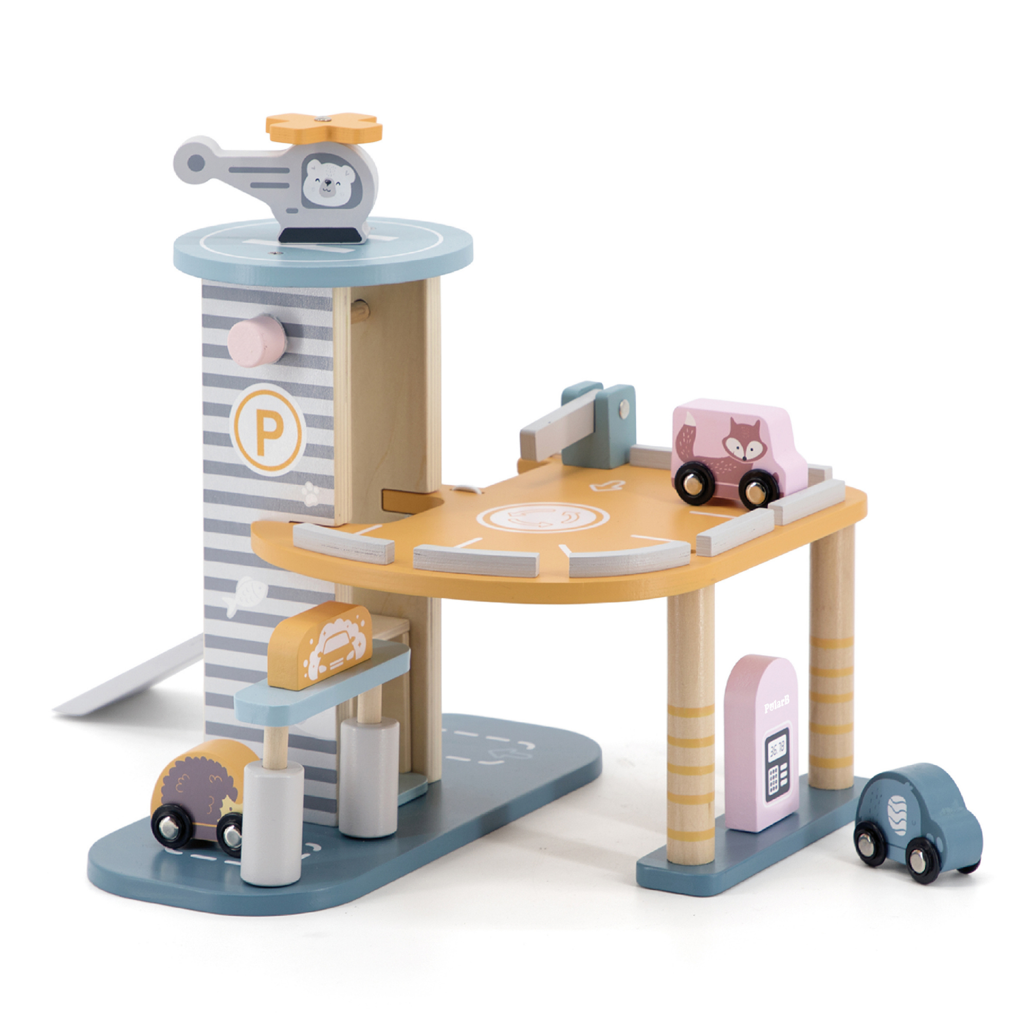 PolarB Wooden Parking Garage Toy with Cars and Helicopter for Kids Aged 3 and Up  Educational Roleplay Set with Gas Station, Car Wash, Lift, Ramp, and Rooftop Landing Pad