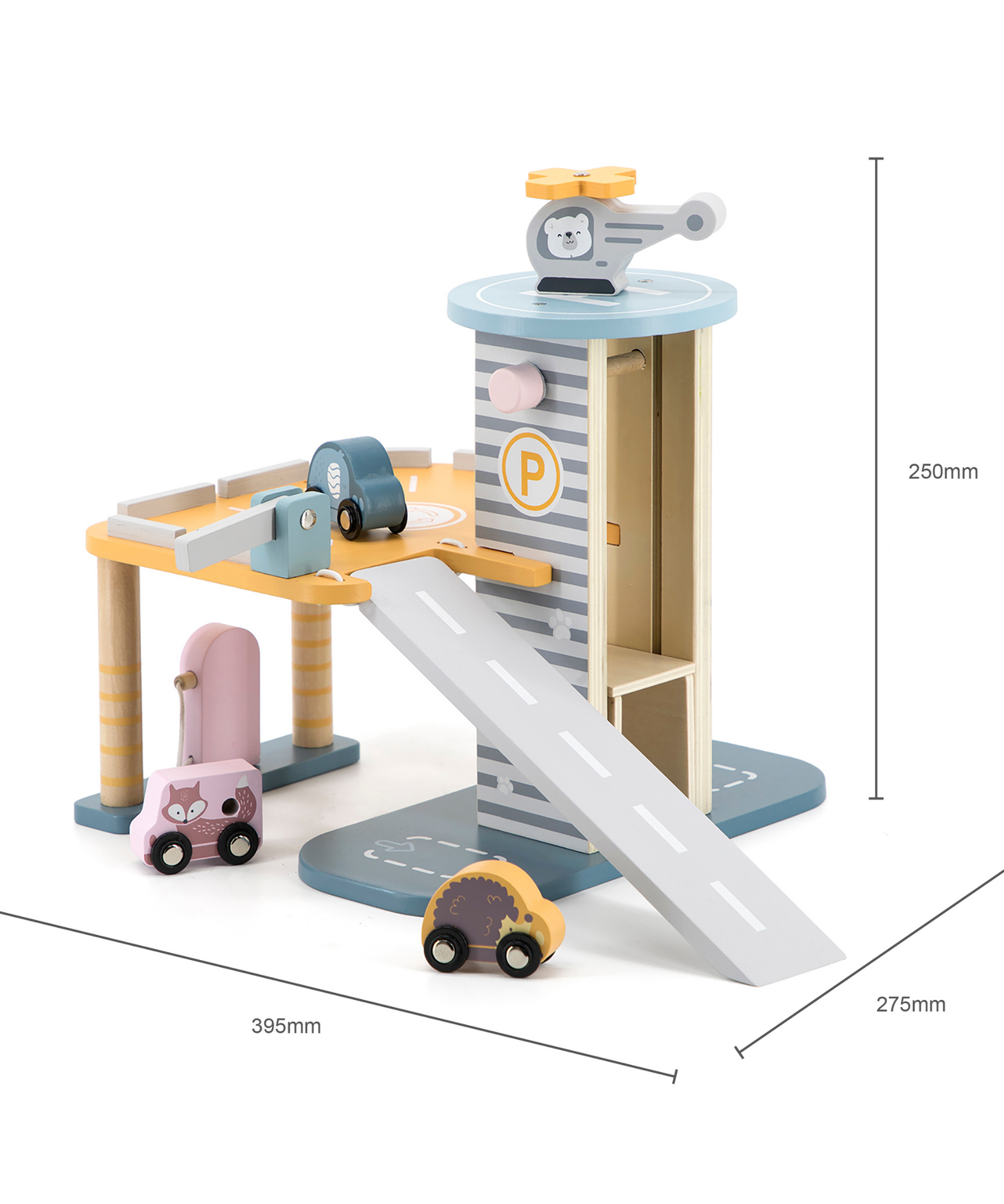 PolarB Wooden Parking Garage Toy with Cars and Helicopter for Kids Aged 3 and Up  Educational Roleplay Set with Gas Station, Car Wash, Lift, Ramp, and Rooftop Landing Pad