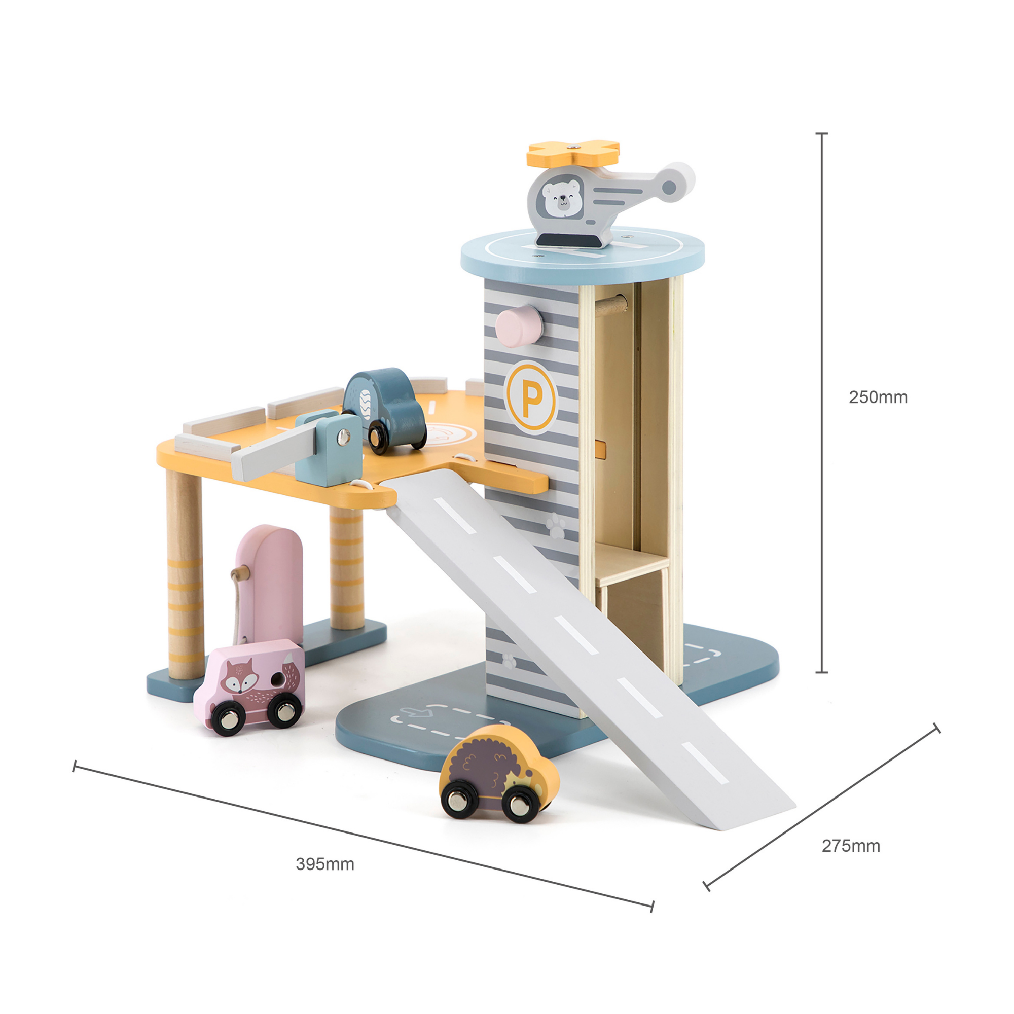 PolarB Wooden Parking Garage Toy with Cars and Helicopter for Kids Aged 3 and Up  Educational Roleplay Set with Gas Station, Car Wash, Lift, Ramp, and Rooftop Landing Pad