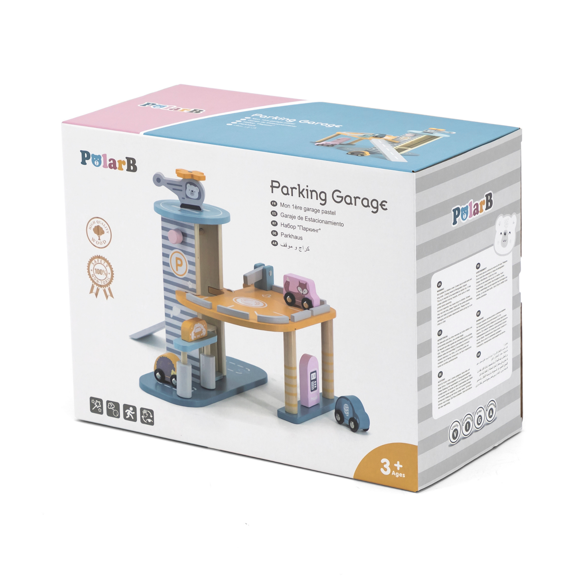 PolarB Wooden Parking Garage Toy with Cars and Helicopter for Kids Aged 3 and Up  Educational Roleplay Set with Gas Station, Car Wash, Lift, Ramp, and Rooftop Landing Pad