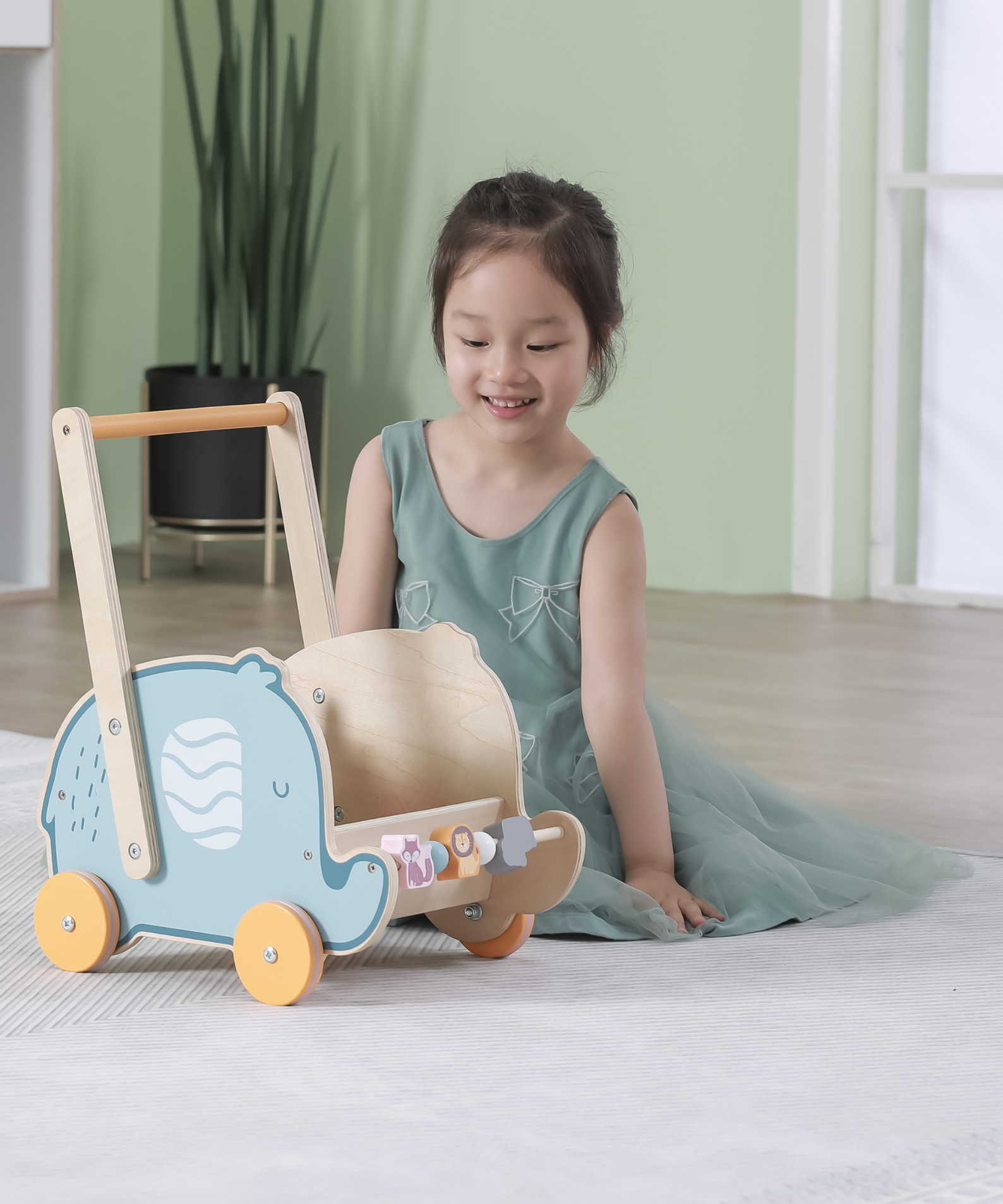 PolarB Doll Buggy Elephant Toddler Walker, Push Toy for Dolls and Plush Toys, Sturdy Plastic Construction with Clicking Wheels, For Ages 12 Months and Up