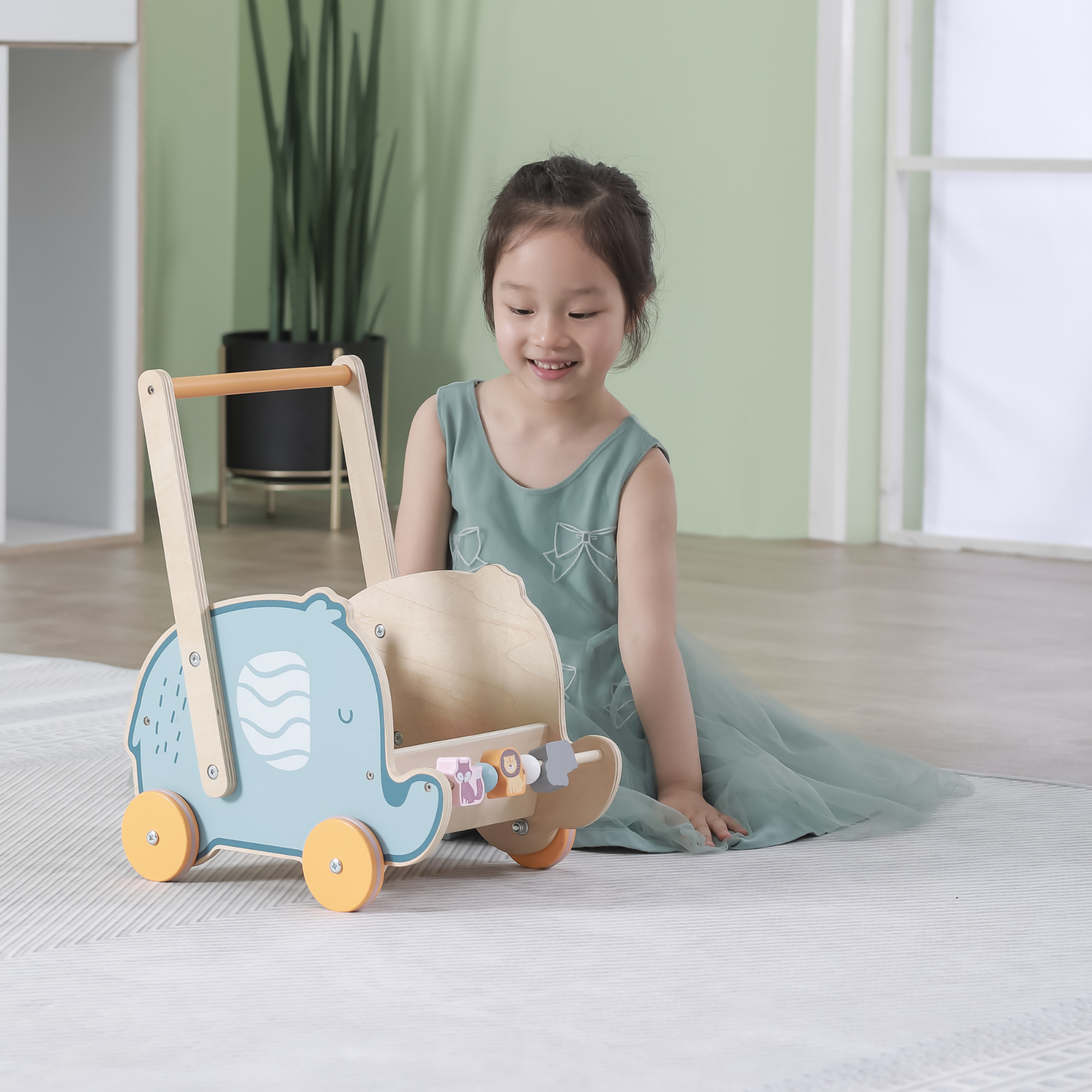 PolarB Doll Buggy Elephant Toddler Walker, Push Toy for Dolls and Plush Toys, Sturdy Plastic Construction with Clicking Wheels, For Ages 12 Months and Up