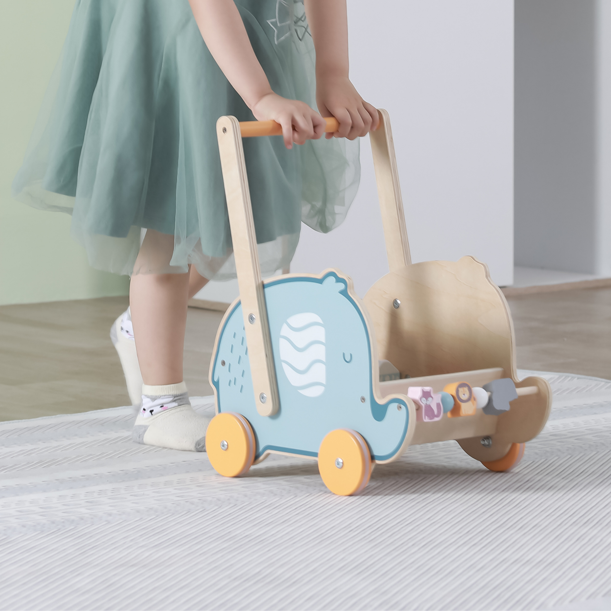 PolarB Doll Buggy Elephant Toddler Walker, Push Toy for Dolls and Plush Toys, Sturdy Plastic Construction with Clicking Wheels, For Ages 12 Months and Up