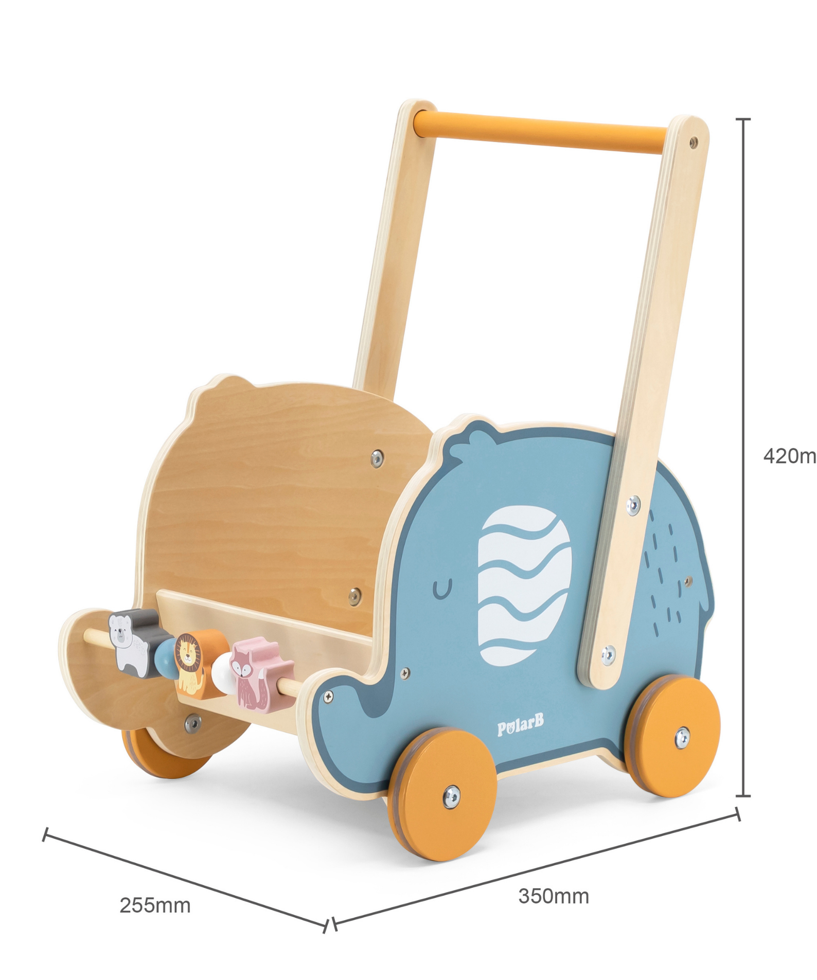 PolarB Doll Buggy Elephant Toddler Walker, Push Toy for Dolls and Plush Toys, Sturdy Plastic Construction with Clicking Wheels, For Ages 12 Months and Up