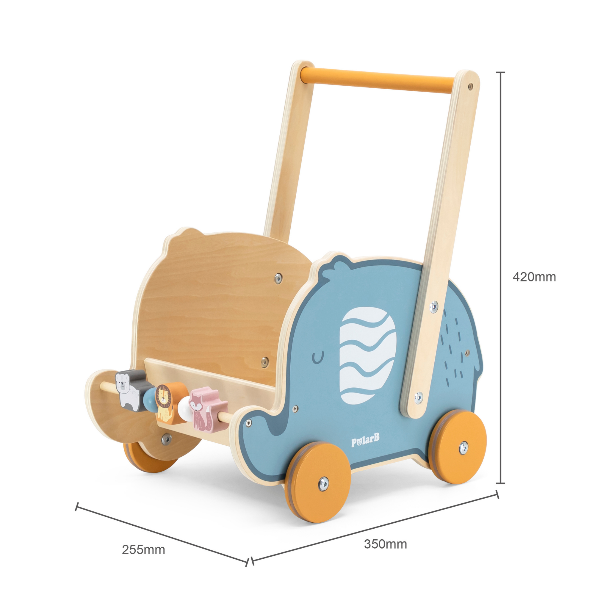 PolarB Doll Buggy Elephant Toddler Walker, Push Toy for Dolls and Plush Toys, Sturdy Plastic Construction with Clicking Wheels, For Ages 12 Months and Up