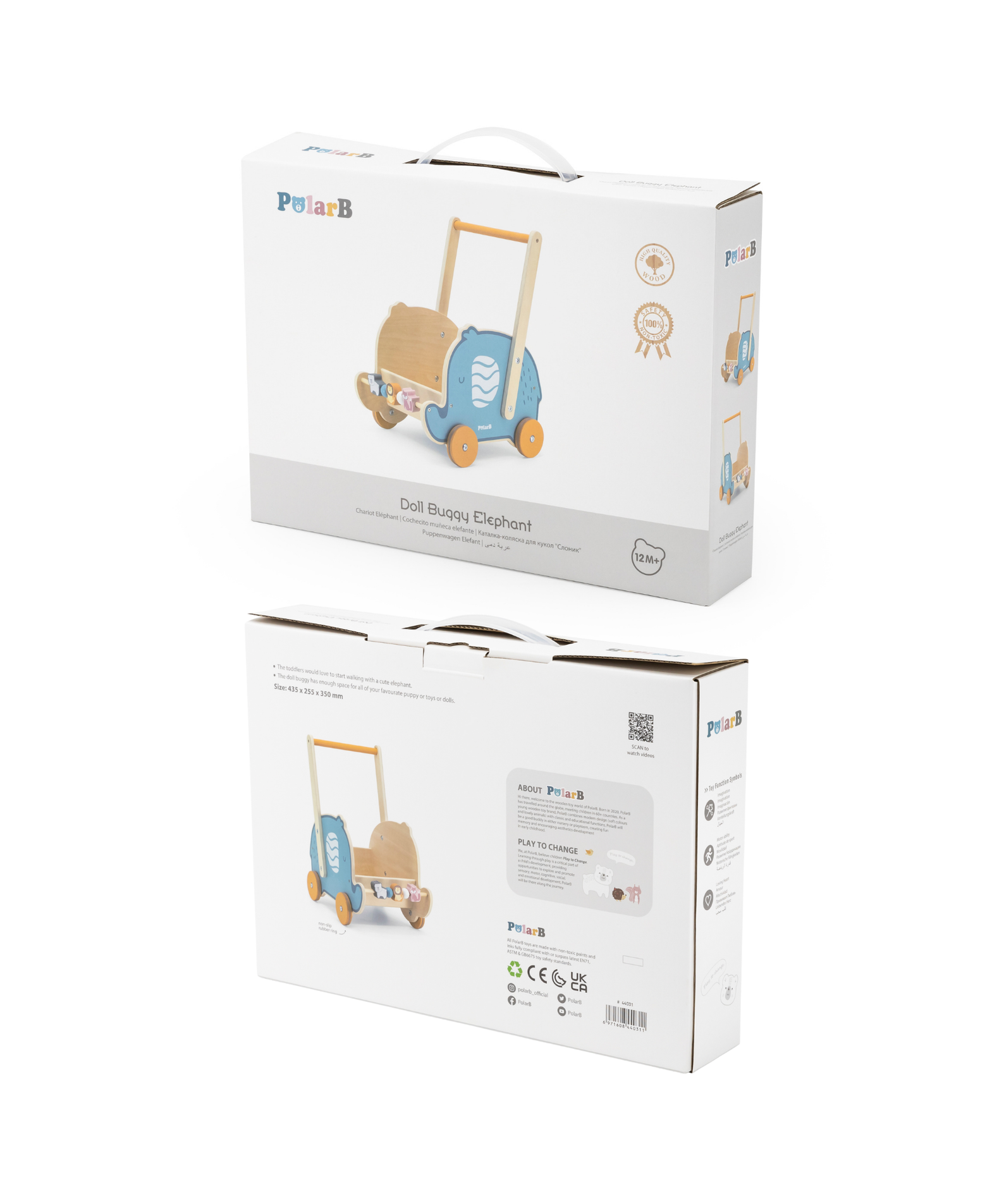 PolarB Doll Buggy Elephant Toddler Walker, Push Toy for Dolls and Plush Toys, Sturdy Plastic Construction with Clicking Wheels, For Ages 12 Months and Up