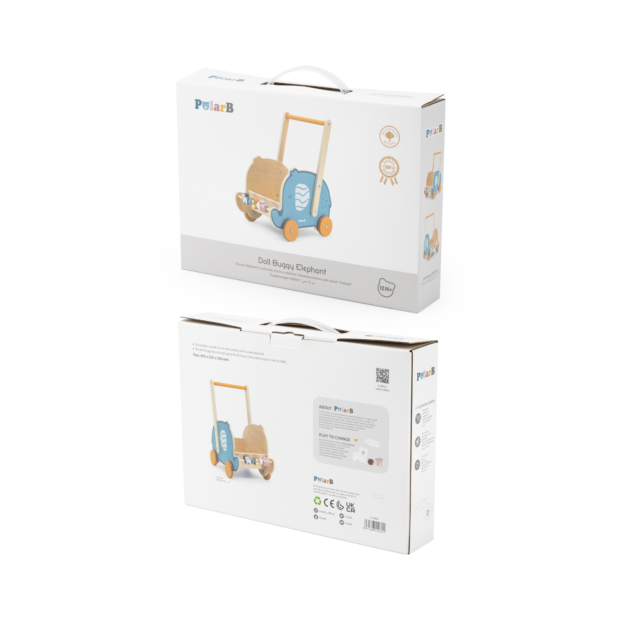 PolarB Doll Buggy Elephant Toddler Walker, Push Toy for Dolls and Plush Toys, Sturdy Plastic Construction with Clicking Wheels, For Ages 12 Months and Up